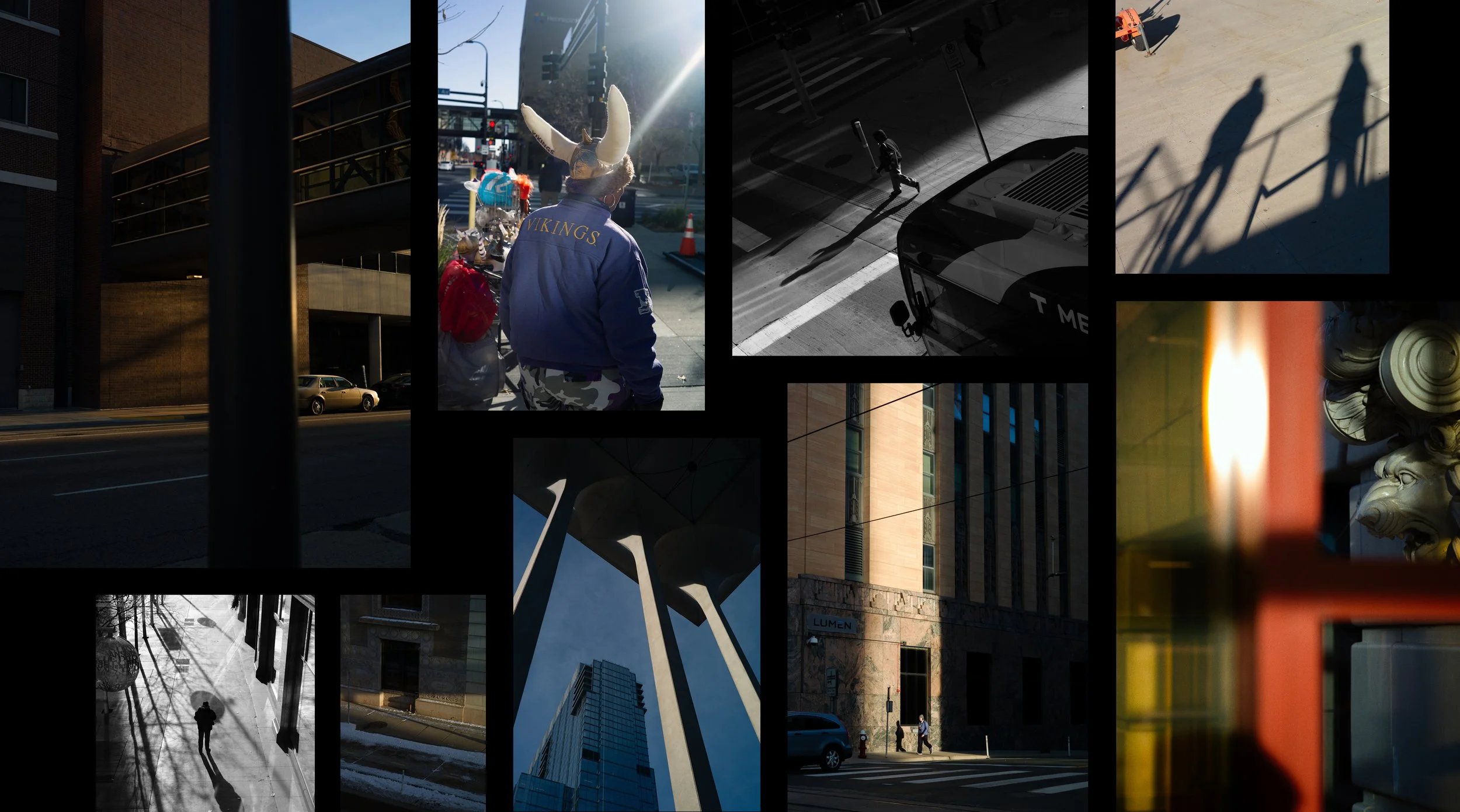 A collage of urban street scenes in Minneapolis, MN, shows dramatic shadows, tall buildings, a person in a horned helmet, and people walking, all with striking light and dark contrasts in city environments.