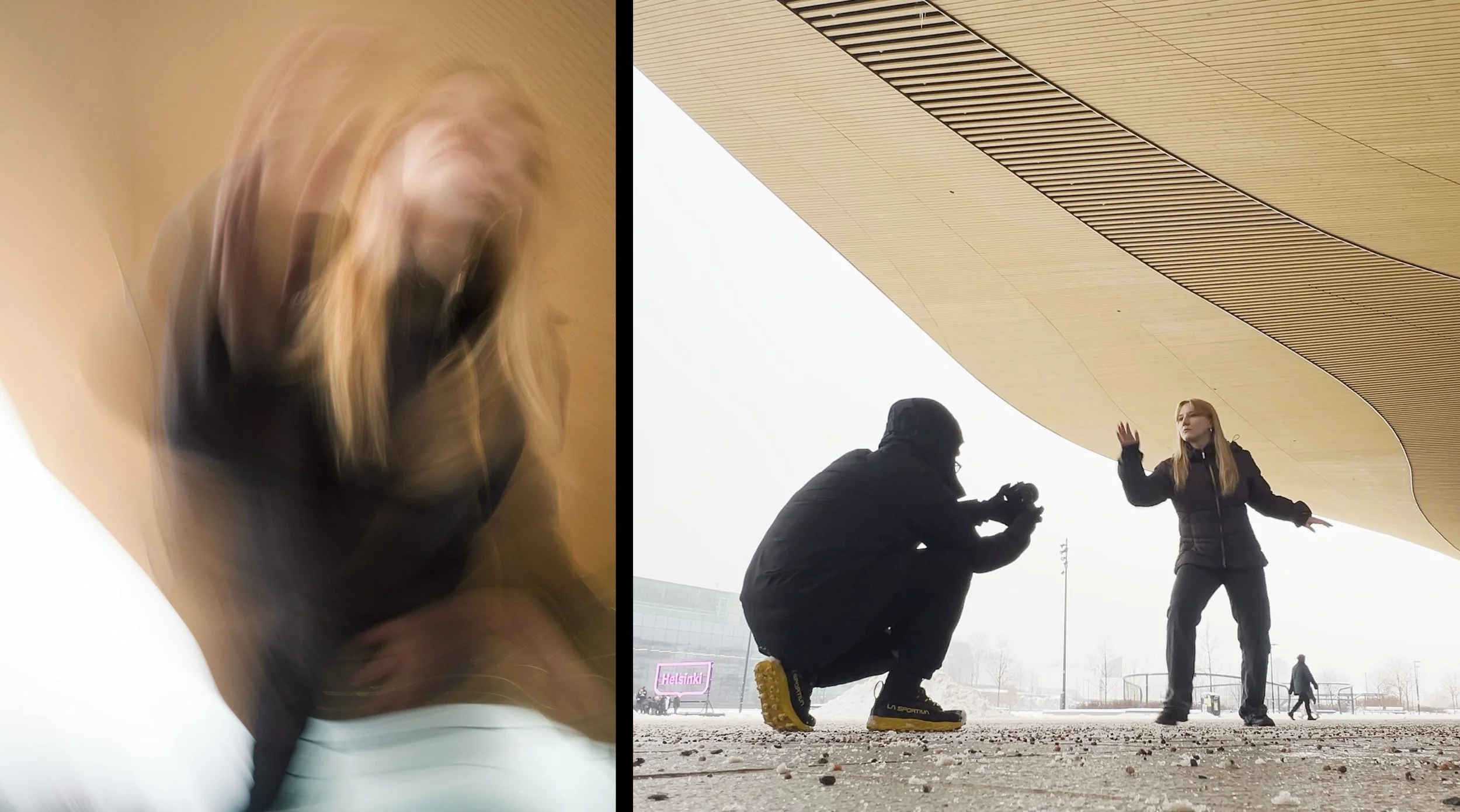 Split image: Left shows a blurred, abstract female figure in motion; right shows a young woman standing and gesturing as a man crouches to photograph her outside under a large, curving architectural roof.