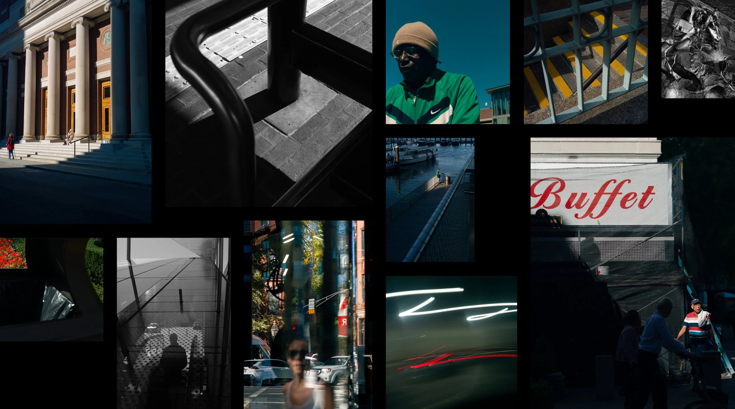 A collage of Boston metro area photos: people walking, architectural details, shadowy figures, city streets, a person in a green jacket and beanie, metal railings, and a partial view of a Buffet sign in sunlight.