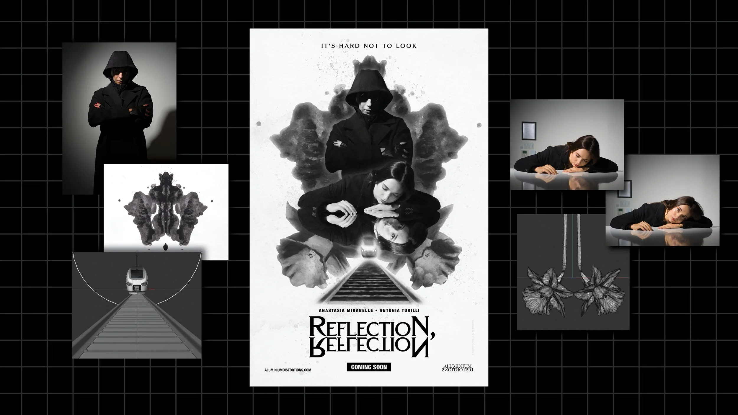 A movie poster for Reflection, Reflection shows a hooded figure with mirrored images, inkblot designs, and people resting their heads on tables. Dark tones and geometric backgrounds give a mysterious, psychological feel.