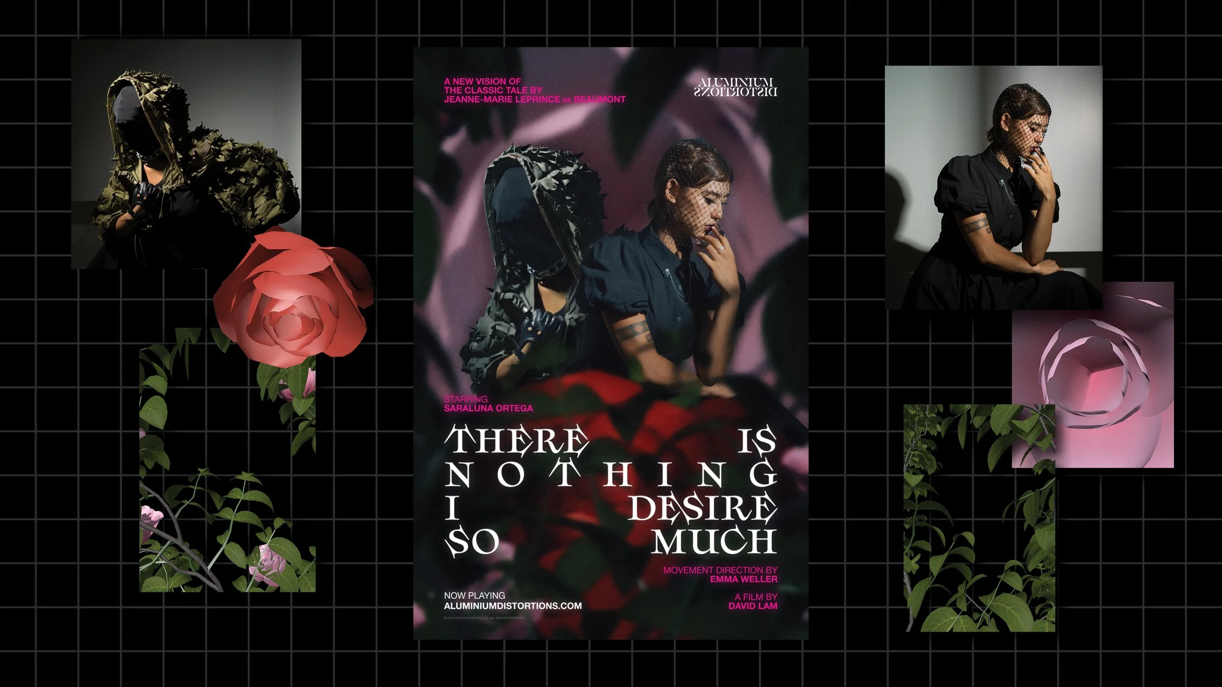 A collage with gothic and floral themes features a hooded figure in camouflage, a woman in a black dress, roses, and text that reads: There Is Nothing I So Desire Much. Black grid background, film and floral motifs.
