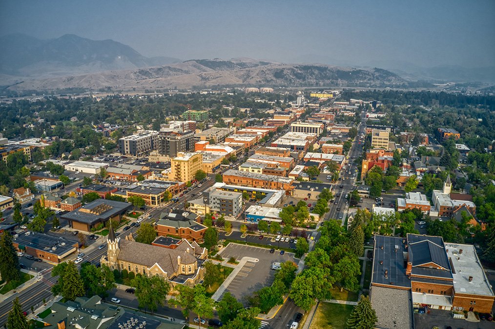 Aerial View of downtown Bozeman in the summertime.
