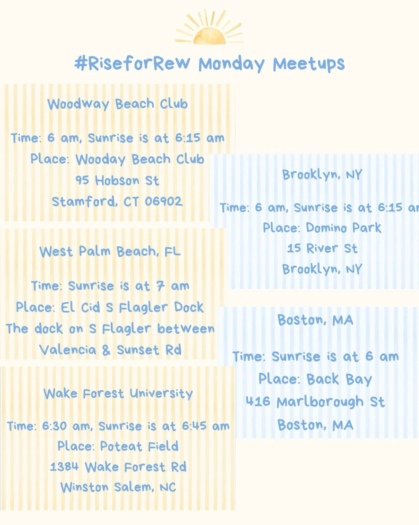 There are some amazing sunrise meetups to #RiseforRew on Monday! If you are in any of these areas we hope you&rsquo;ll join them.