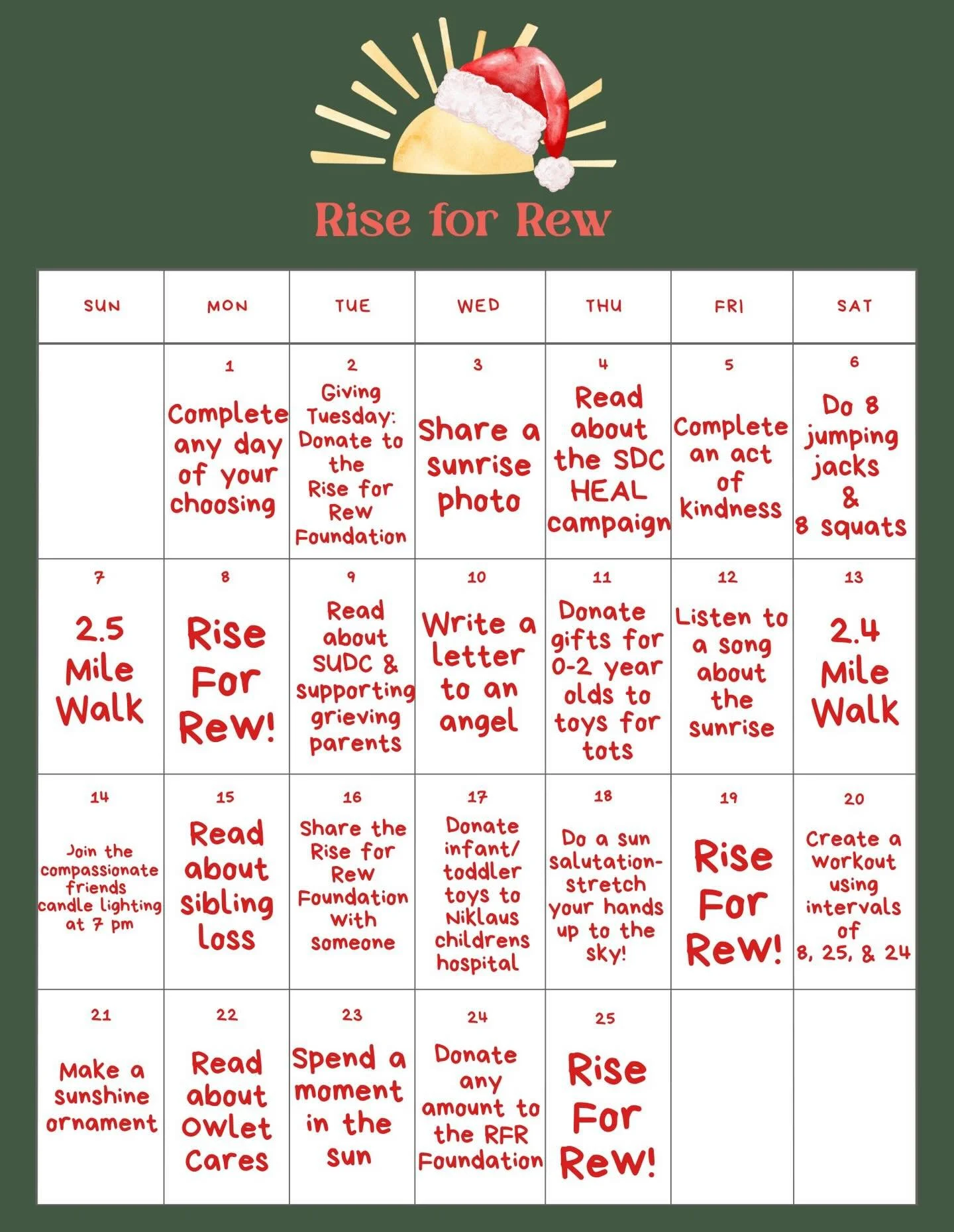 Rew Rew&rsquo;s 25 days of Christmas challenge is here!
Each morning we&rsquo;ll share that day&rsquo;s meaningful challenge &mdash; spreading kindness, giving back, learning, and honoring Andrew&rsquo;s light.

Complete all 25 challenges and you&rsq