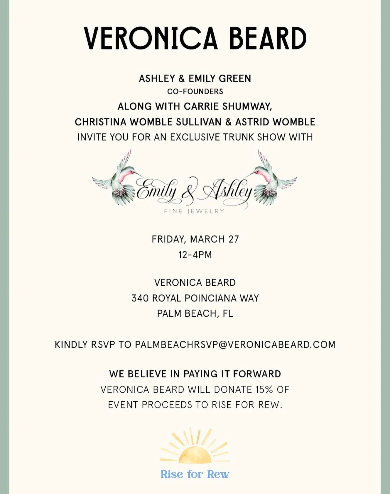 Join us on March 27 for a trunk show benefiting Rise for Rew. A portion of sales will support our mission in honor of our sweet Andrew. Thank you for your love and generosity. Hope to see you there!