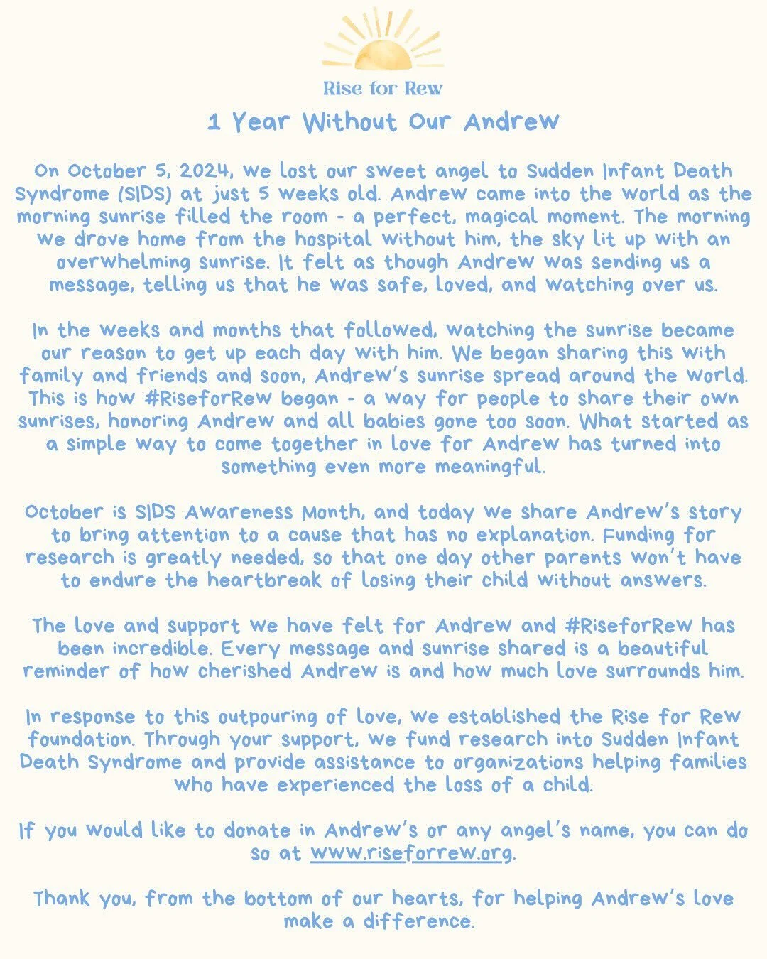 One year without you, our Rew Rew. We love you with all our hearts. #RiseforRew