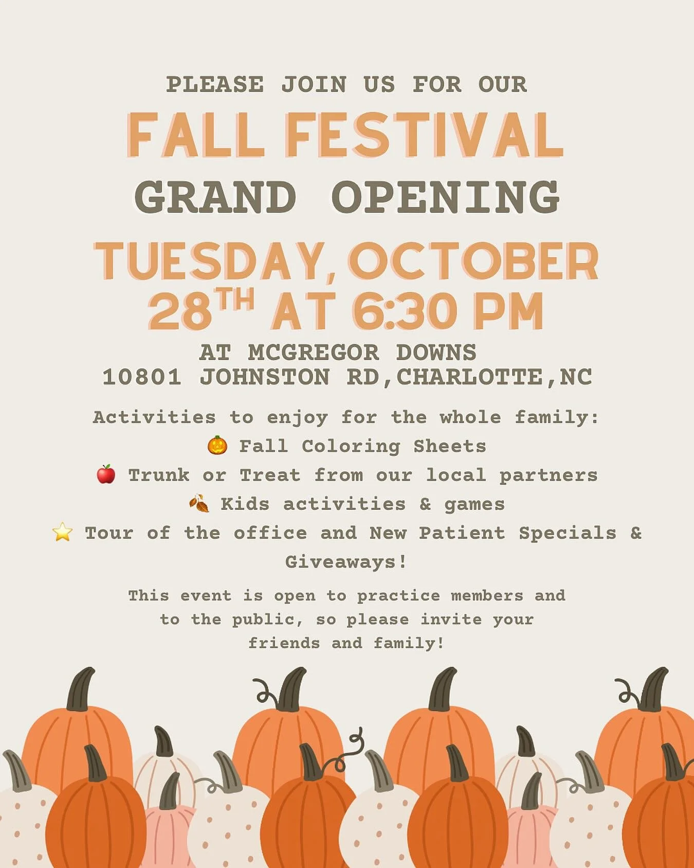 2 weeks away from our Fall Festival Grand Opening! 🎉 Have you invited friends and family to join us? We are so excited to see you there 🤩 See the details below👇🏼 

You are invited to our Fall Festival Grand Opening!! 🎃 This is open to practice m