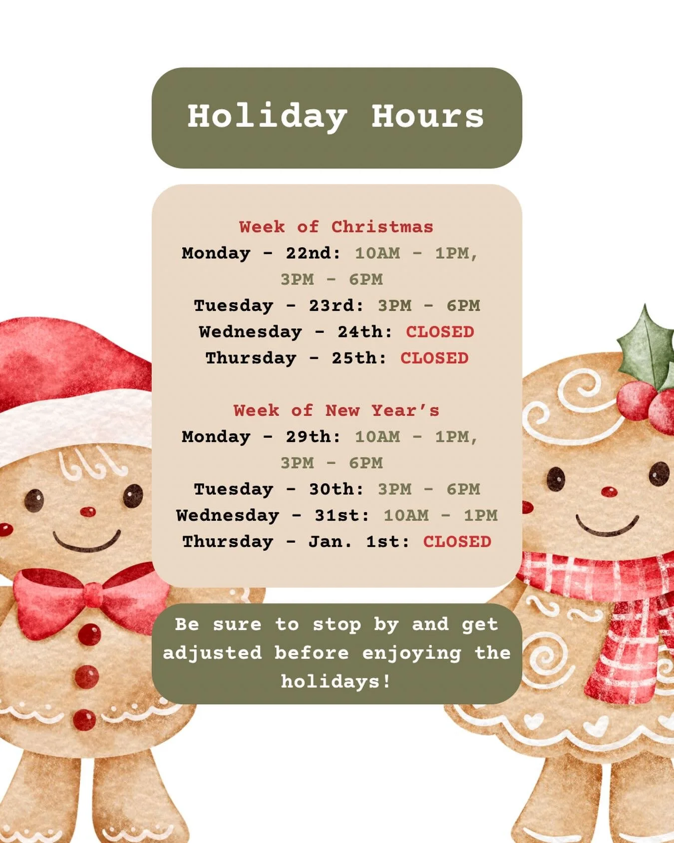 Next week starts our holiday hours!🎄🎆 We are thankful to be able to serve you during the holidays. Be sure to stop by and get adjusted before celebrating Christmas and New Year&rsquo;s! ❤️