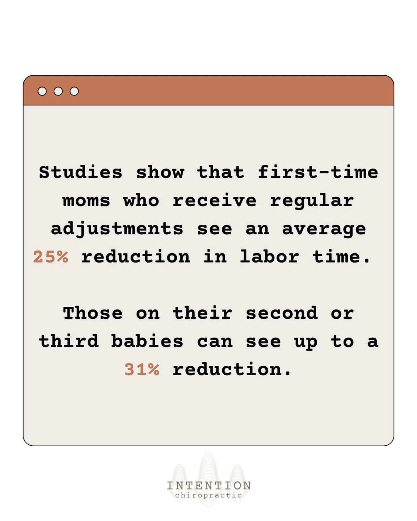 Did you know that regular chiropractic care during pregnancy can actually lead to a shorter labor? 🕒

Studies show that first-time moms who receive regular adjustments see an average 25% reduction in labor time. While those on their second or third 