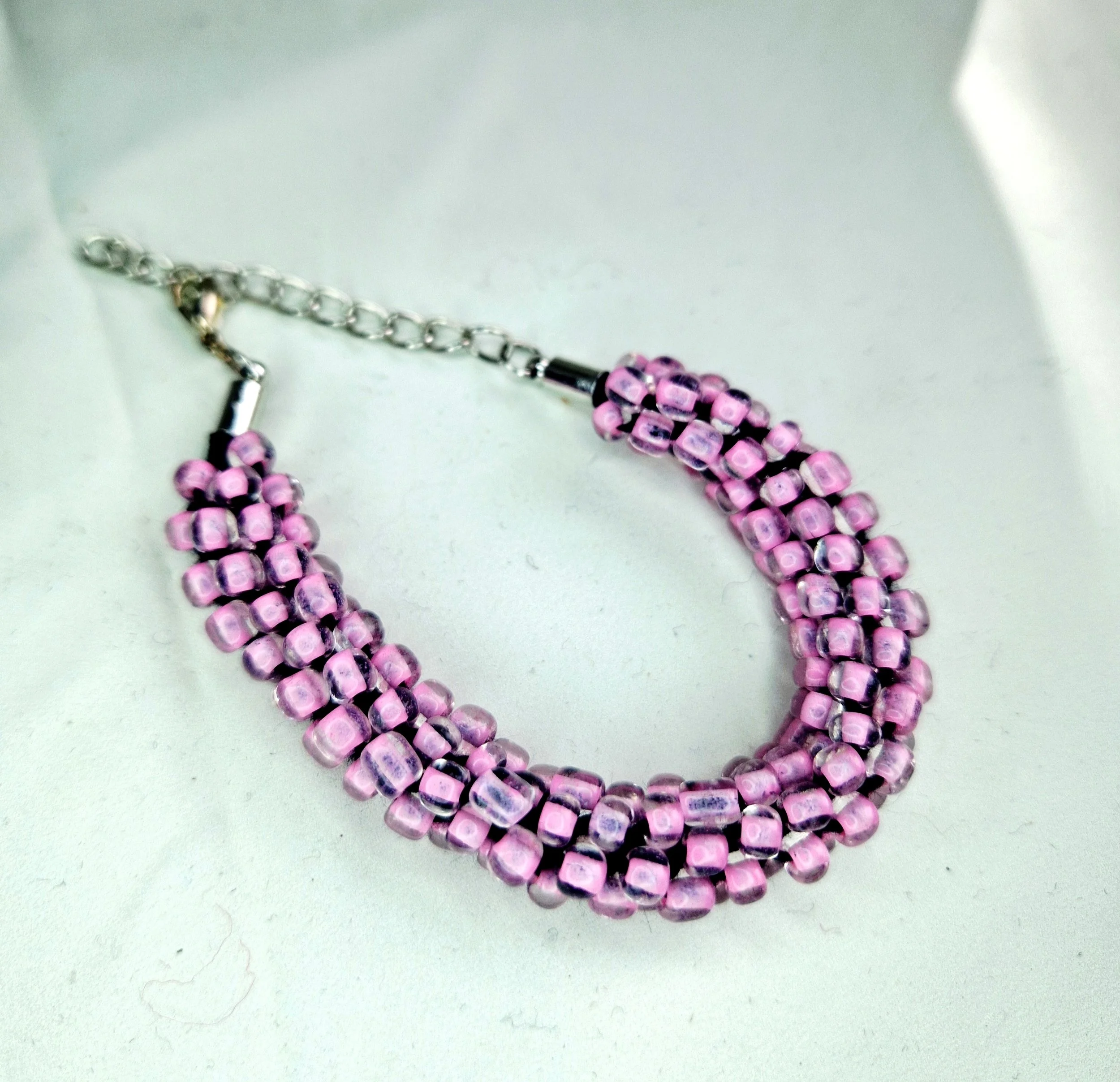 Kumihimo Pink Bead Bracelet - 20cm