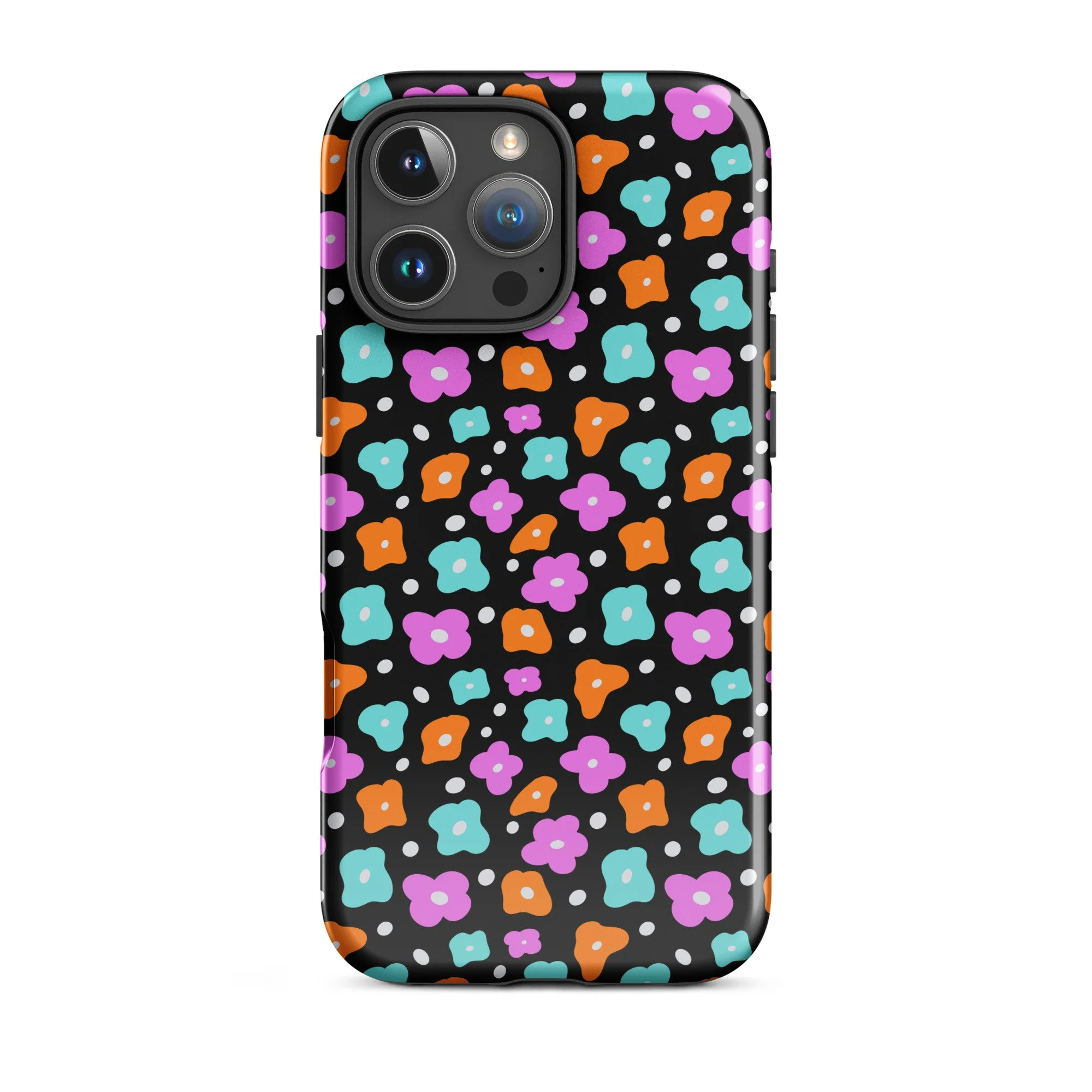 Smartphone case with colorful floral pattern on black background featuring purple, orange, and turquoise abstract flowers.