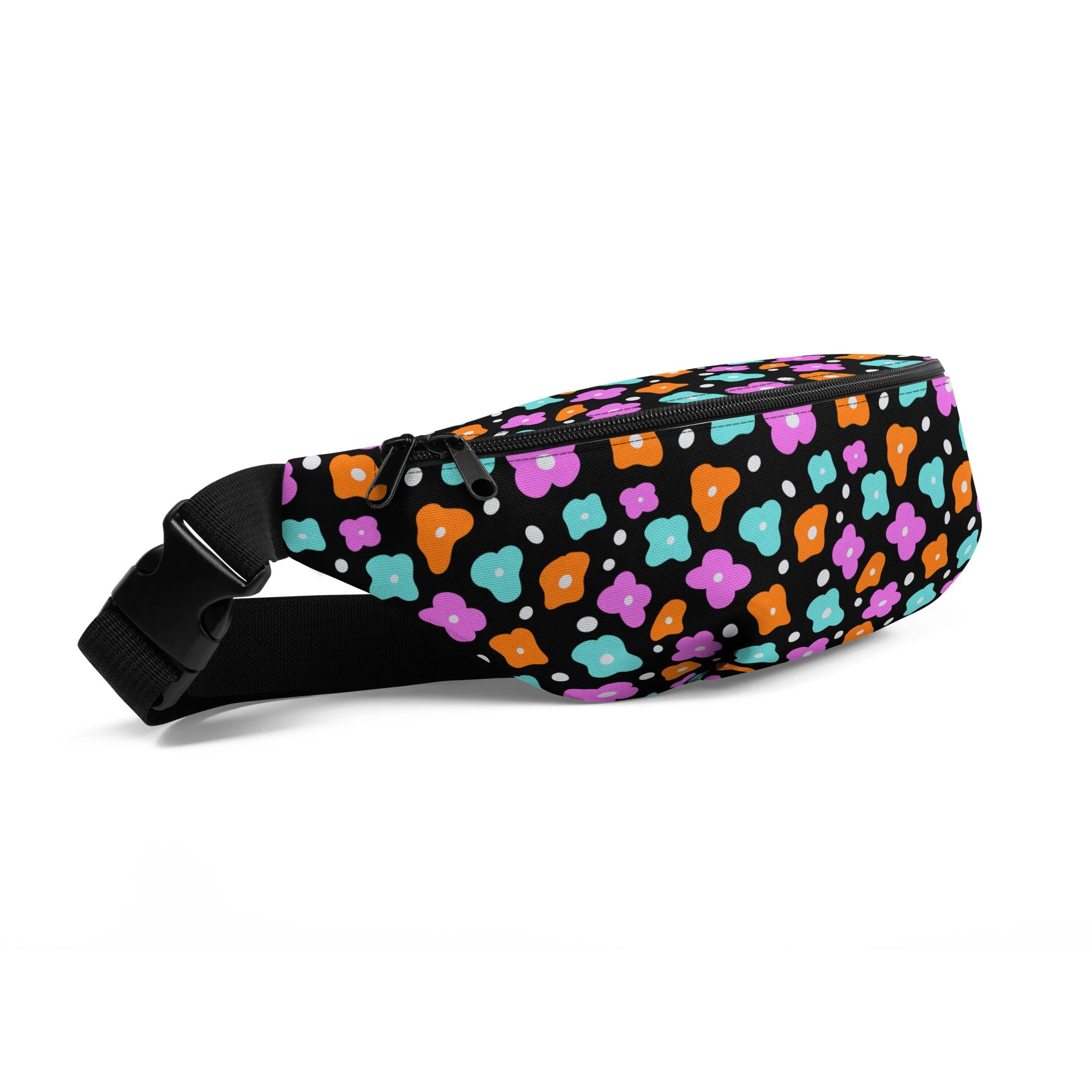 Colorful floral-patterned fanny pack with black strap.