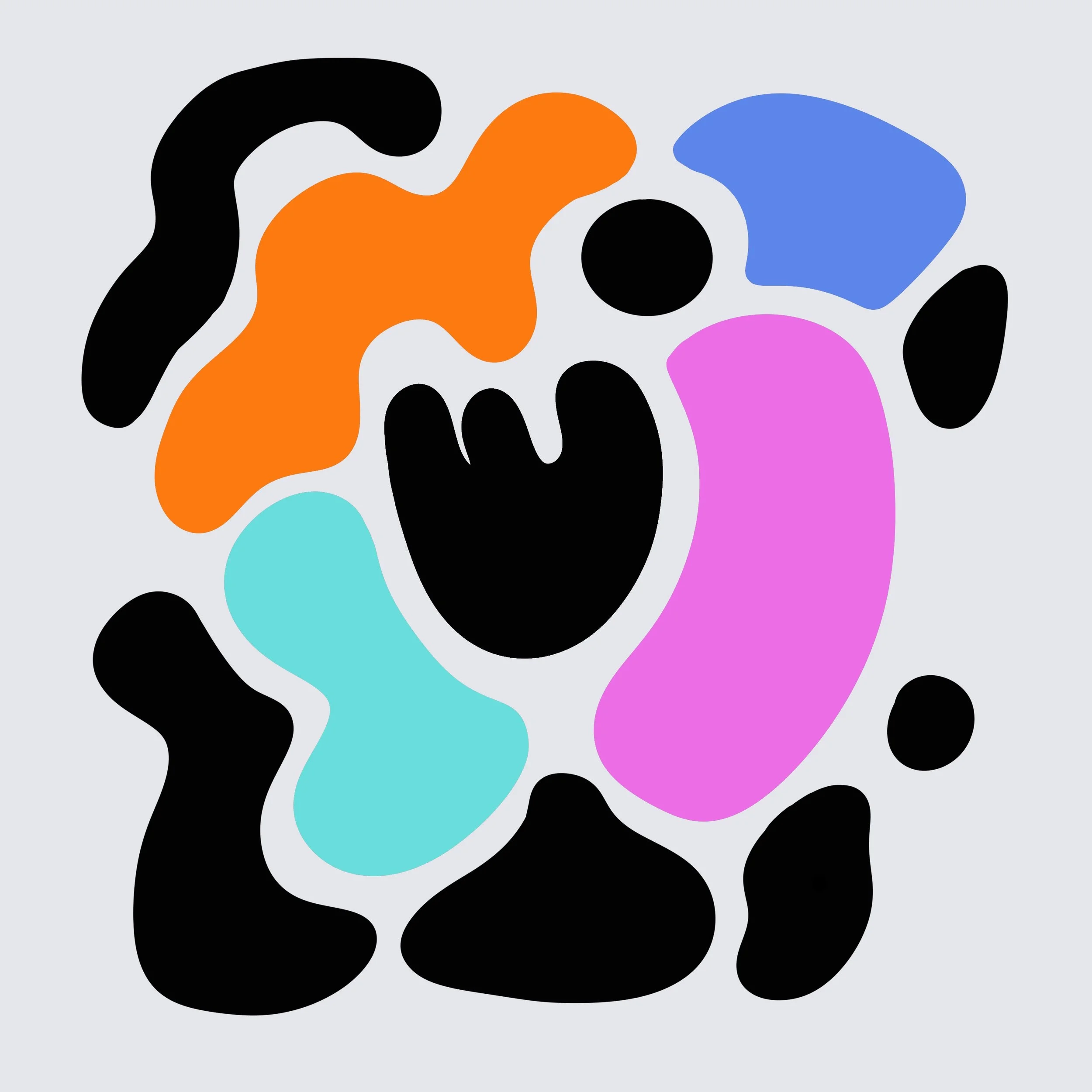 Abstract art with colorful shapes, including black, orange, blue, pink, and teal forms.