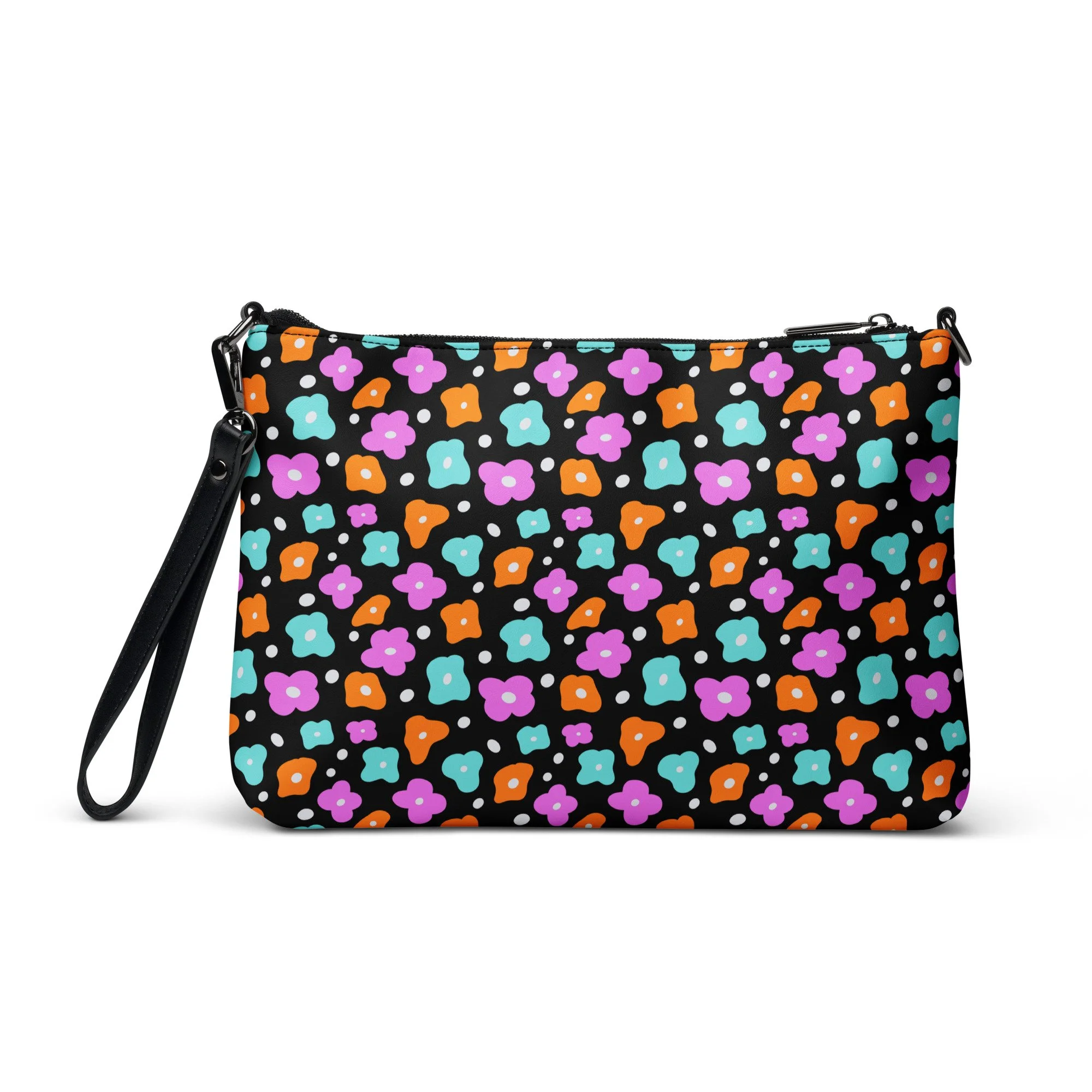 Colorful floral pattern purse with black leather strap