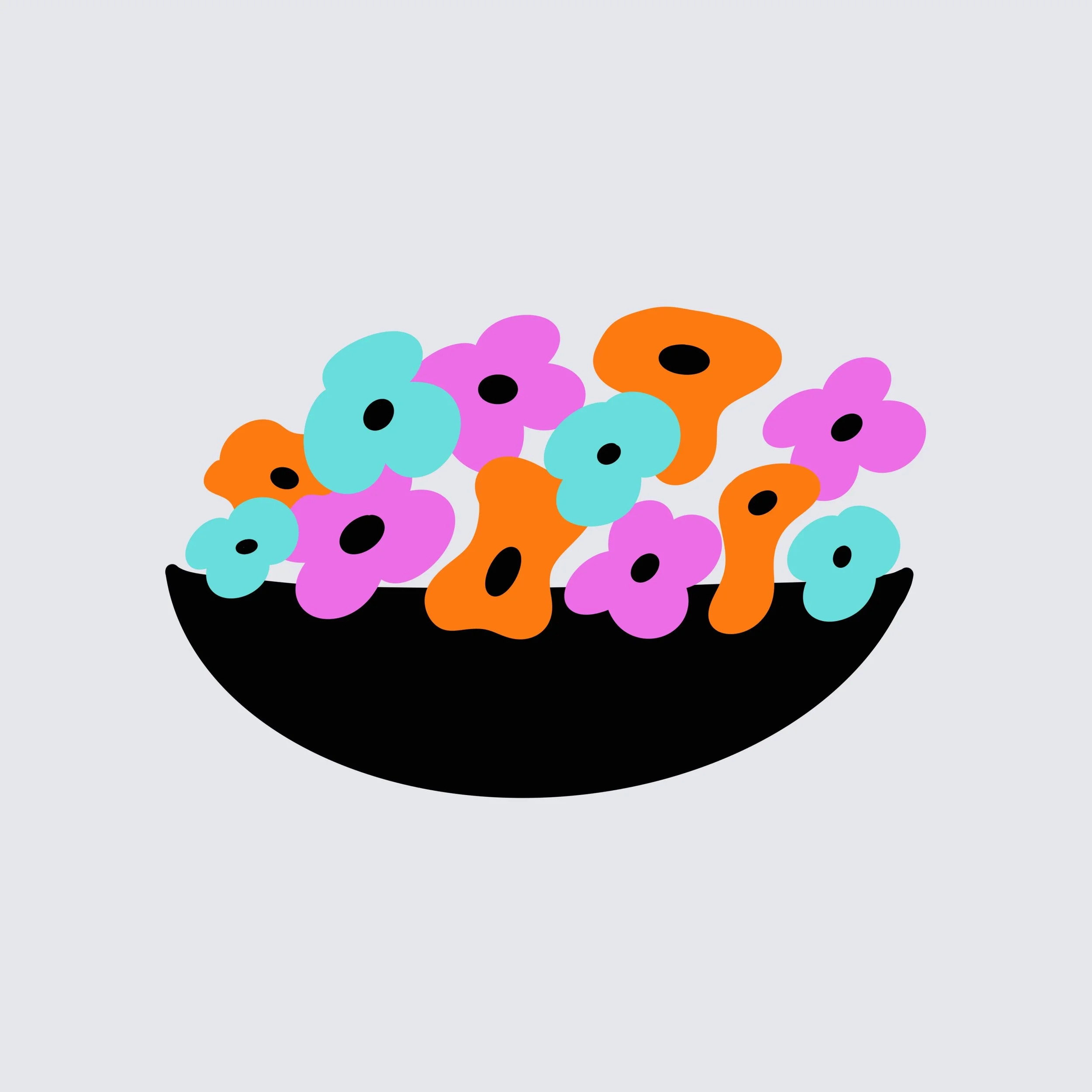 Illustration of colorful abstract flowers in a black bowl on a light gray background.