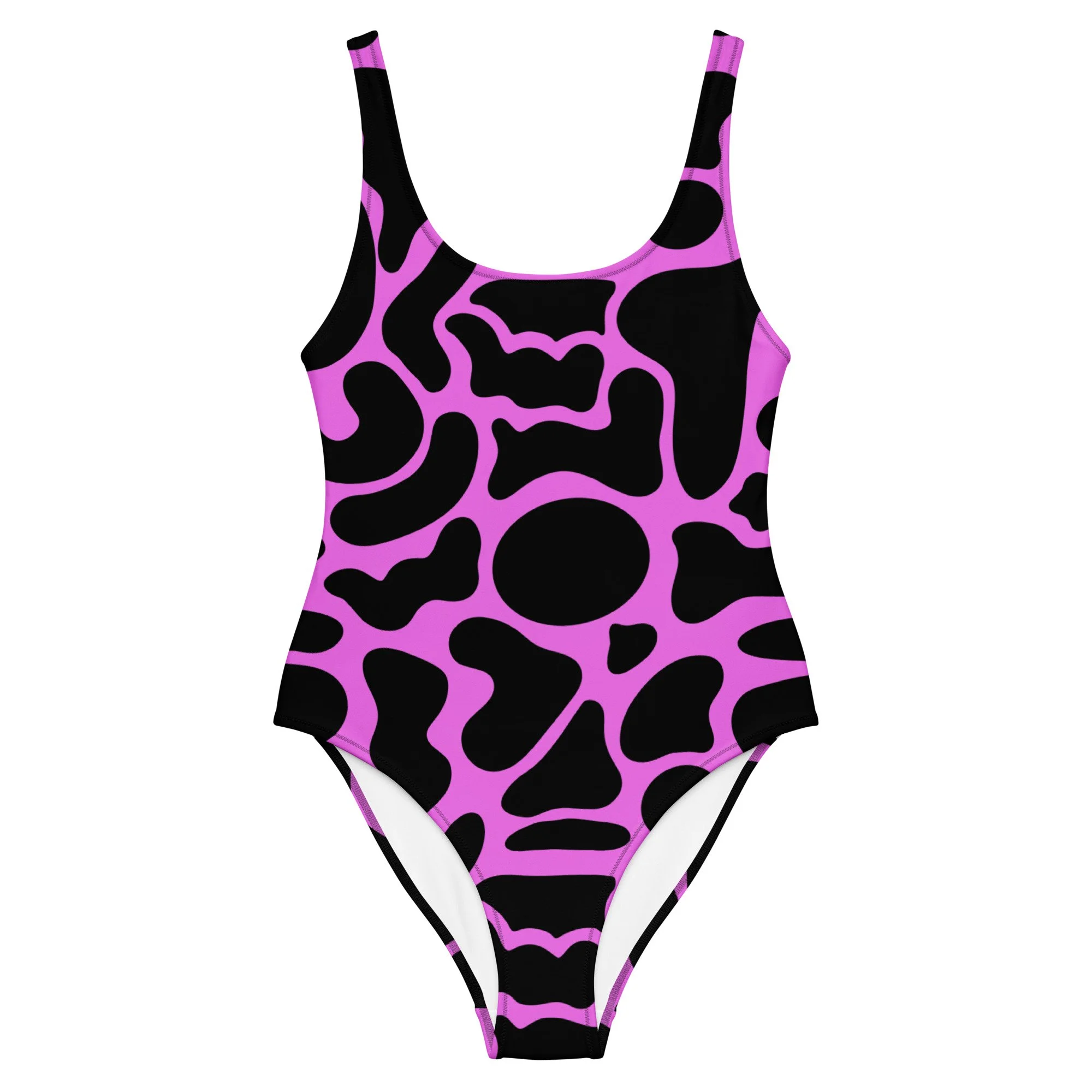 Pink and black abstract patterned one-piece swimsuit.