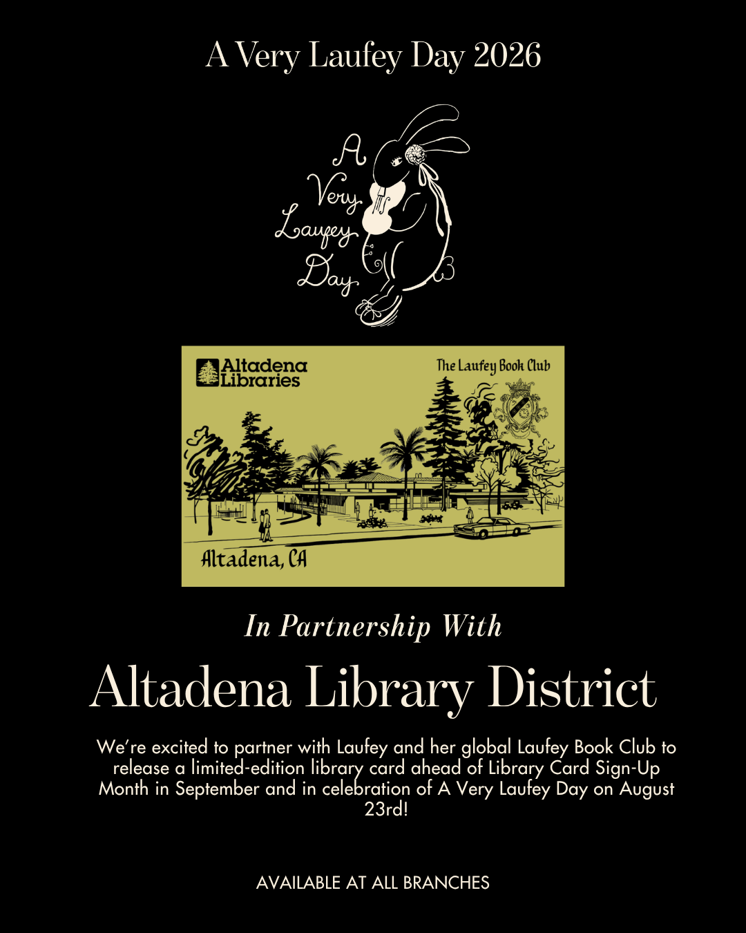 Black background, green special-edition Laufey Book Club x Altadena Library card with logos and line art of Altadena Main Library building