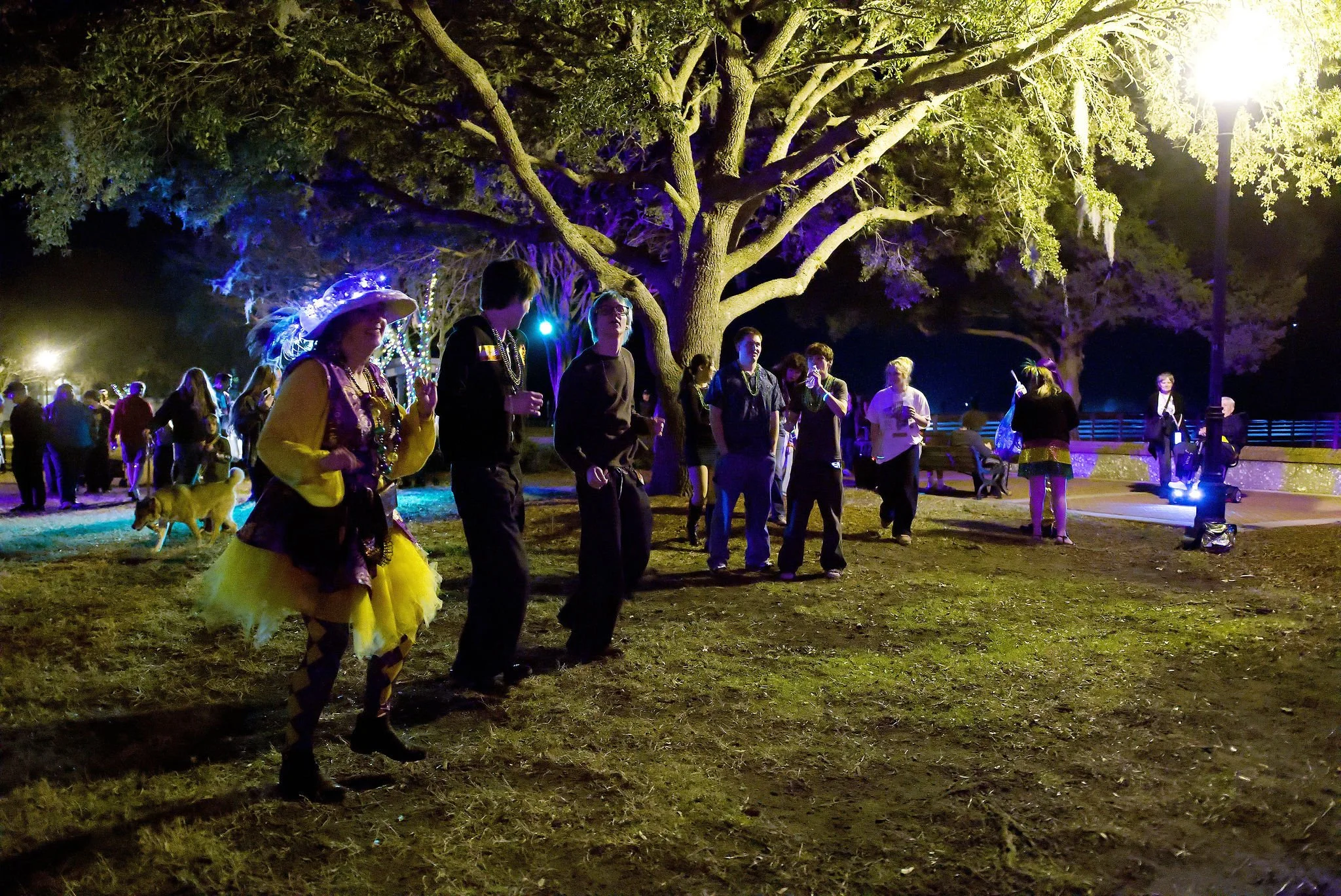 Nighttime outdoor scene with people under a large tree, some dressed in colorful or festive clothing, illuminated by street lamps and colorful lights, with a grassy ground and a fence in the background.