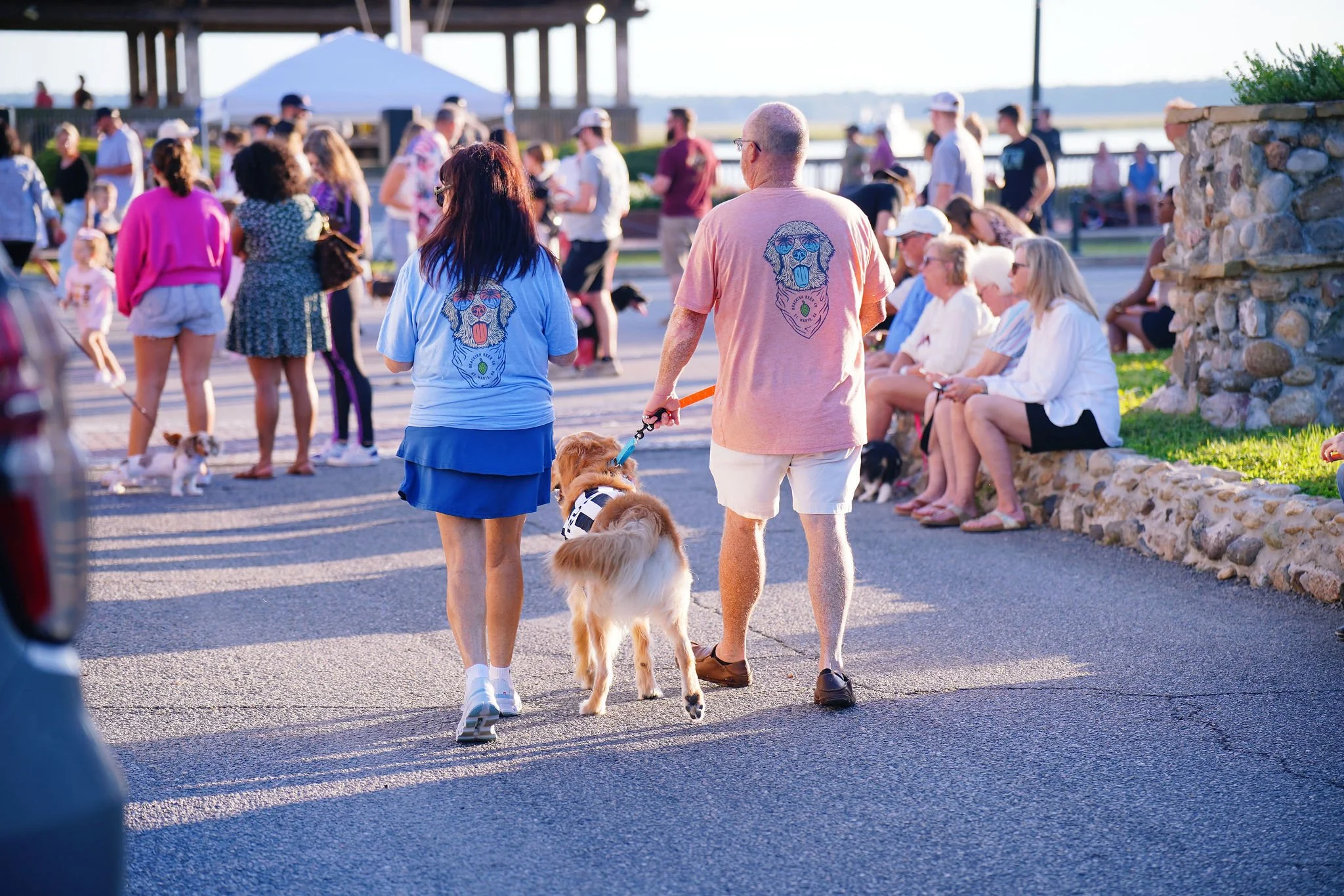 People gathered at an outdoor event by a pond, sitting and walking, with dogs on leashes, under a pavilion with a stone wall, during daylight.