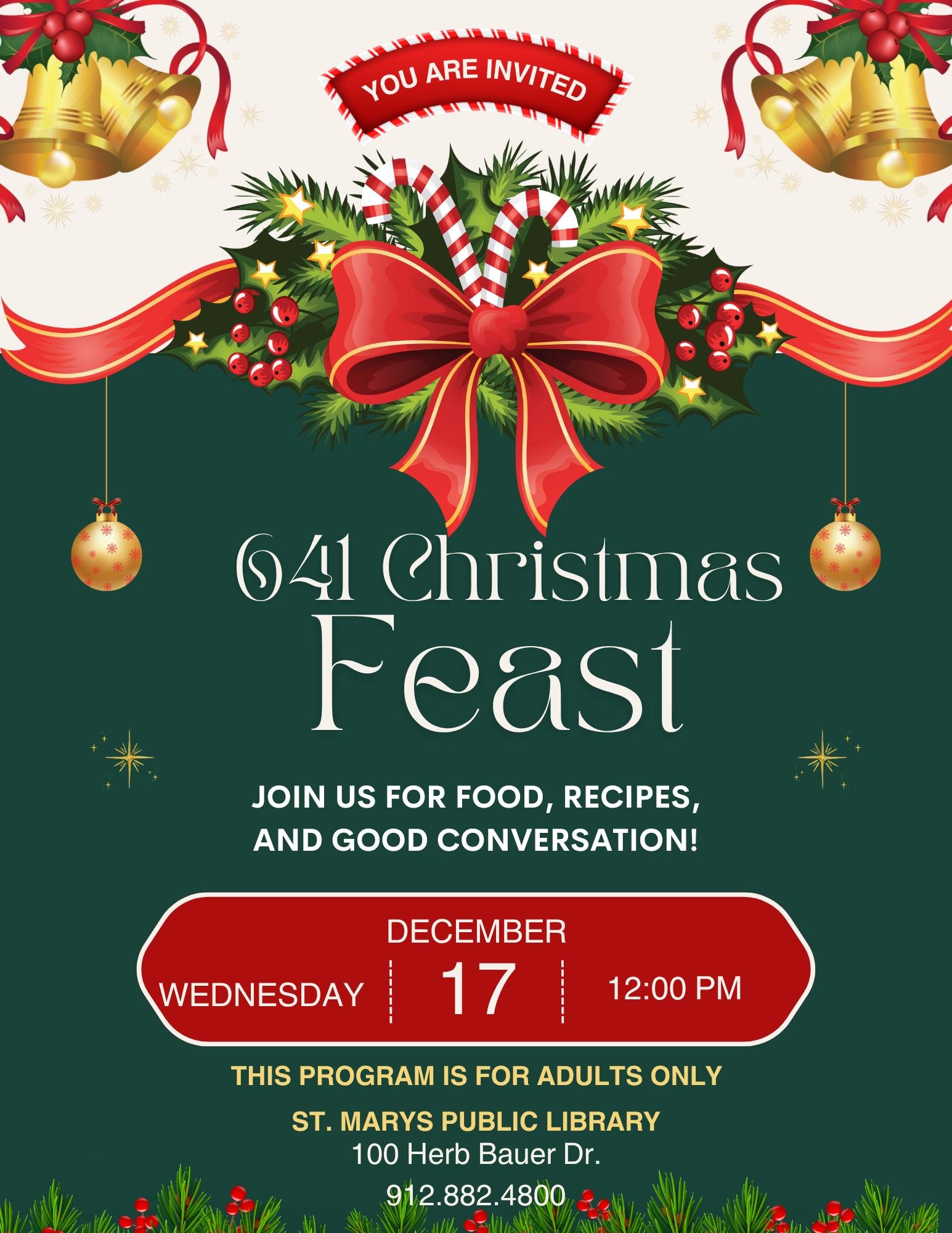 Christmas-themed event invitation featuring holly, bells, ribbons, and ornaments. The text invites to a Christmas feast at St. Mary's Public Library on December 17 at noon, for adults only.