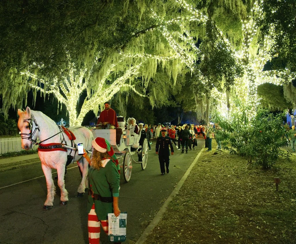 Nighttime holiday parade with a horse-drawn carriage under decorated, illuminated trees, people dressed festively, some wearing Santa hats, walking along a street lined with greenery.