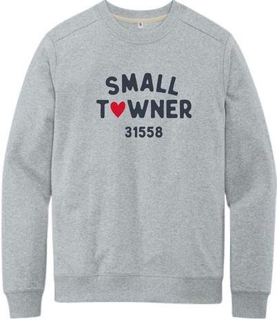 Gray sweatshirt with the words 'Small Towner' and a red heart in place of the 'O' in 'Town'.