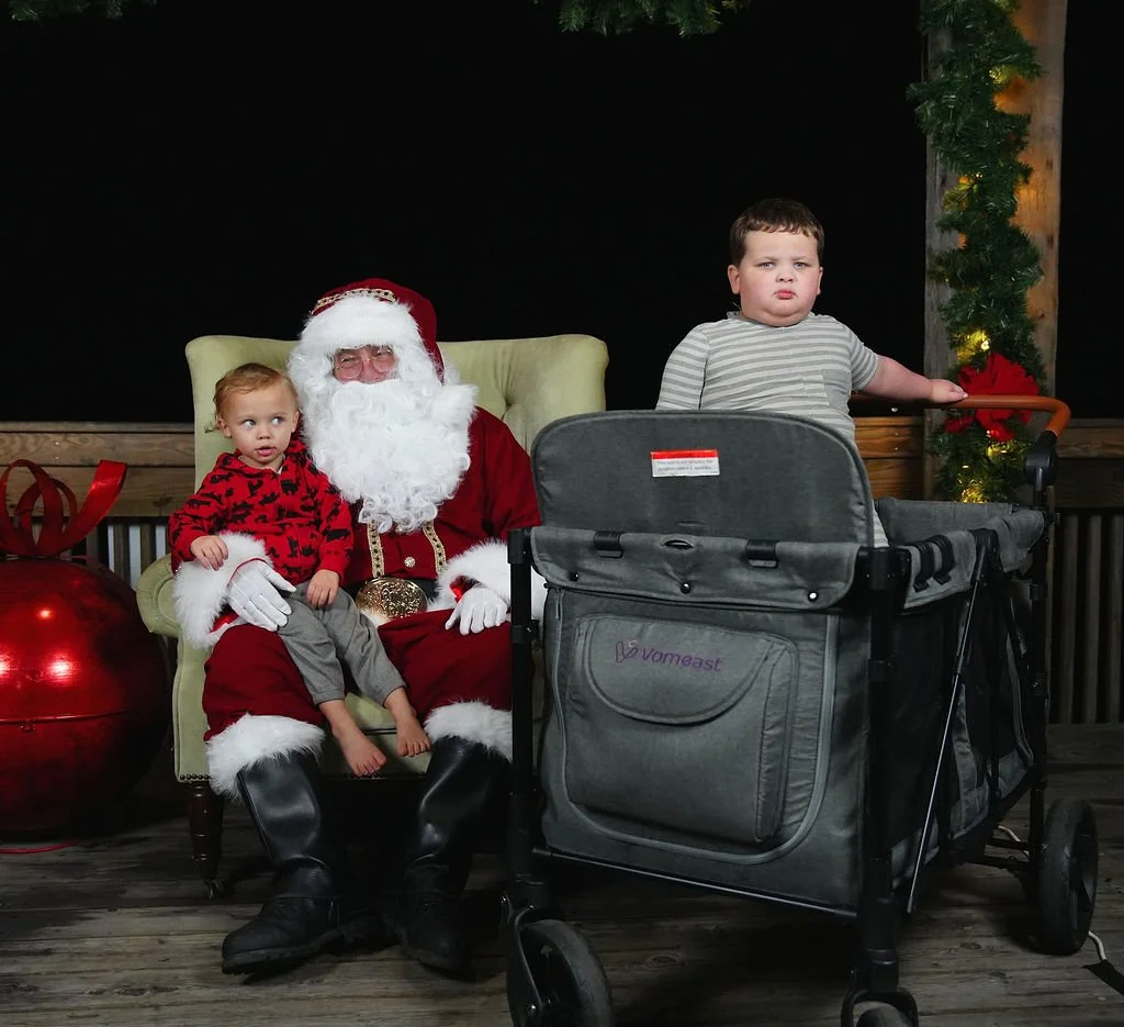 A young girl and a boy sitting with Santa Claus for a holiday photo. The girl is sitting on Santa's lap, wearing a red and black outfit, and the boy is standing next to a stroller, wearing a gray striped shirt. Christmas decorations are visible in th