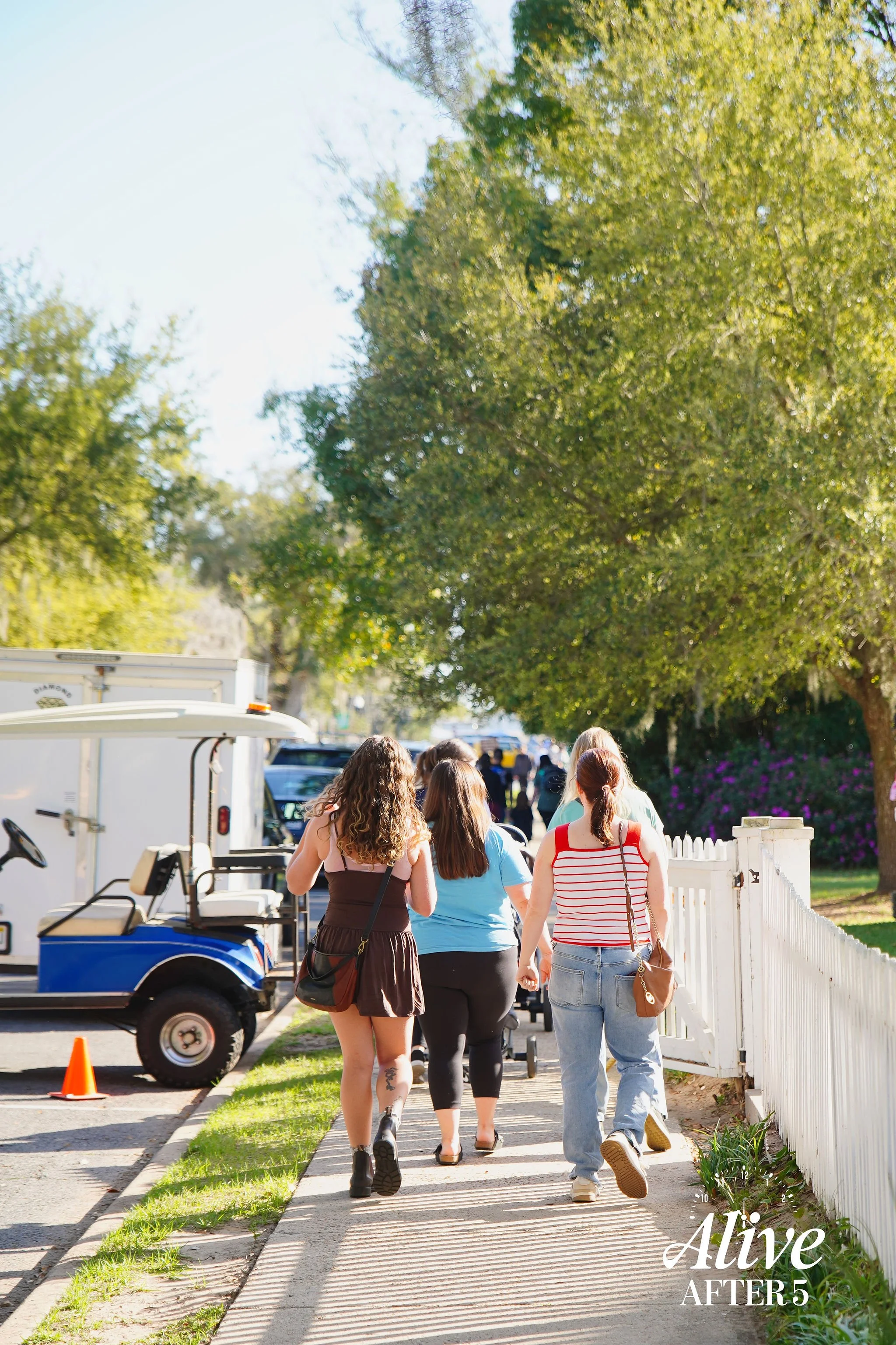 Group of five people walking along a sidewalk on a sunny day, with trees and parked cars in the background.