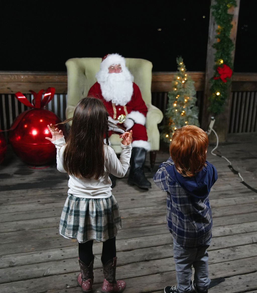 Two children, a girl and a boy, stand on a wooden porch facing Santa Claus, who is seated in a green armchair. Santa is dressed in a traditional red suit with white trim, and has a white beard. The scene is decorated with Christmas lights, a small de