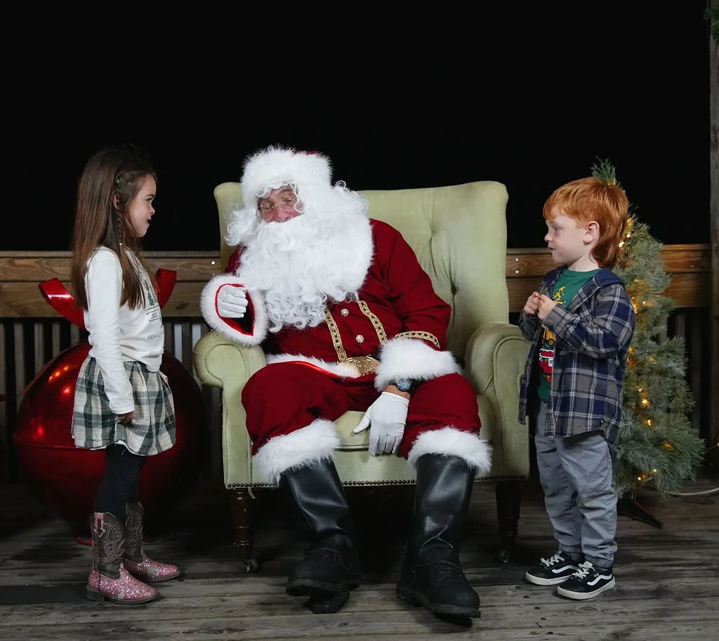 Two children standing in front of Santa Claus, who is seated on a green armchair, with a Christmas tree nearby.