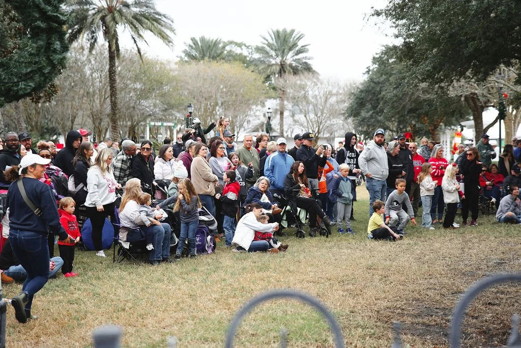 Group of people, including children and adults, gathered outdoors in a park with palm trees, watching an event or performance.