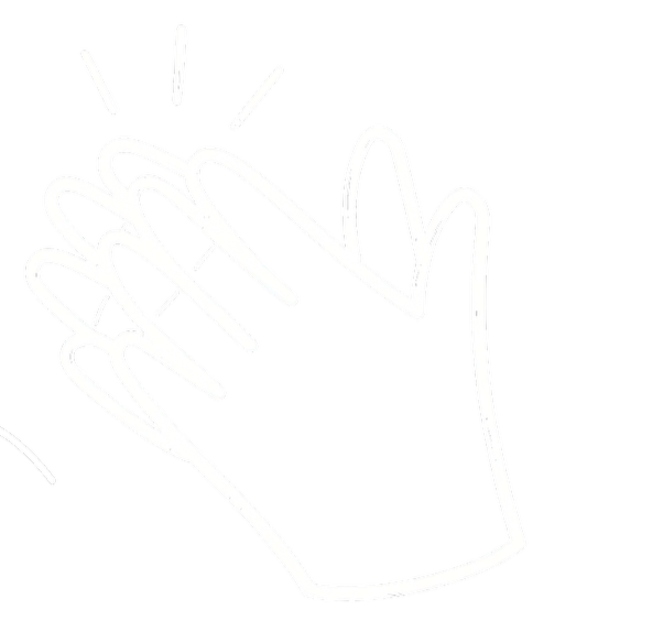 Line drawing of two hands clapping with motion lines, on a black background.