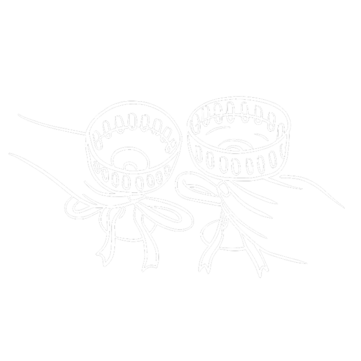 Two hands holding small circular baskets decorated with bows, drawn in a simple white line art style on a black background.