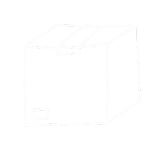 White outline drawing of a cardboard box with a partially opened top flap against a black background.