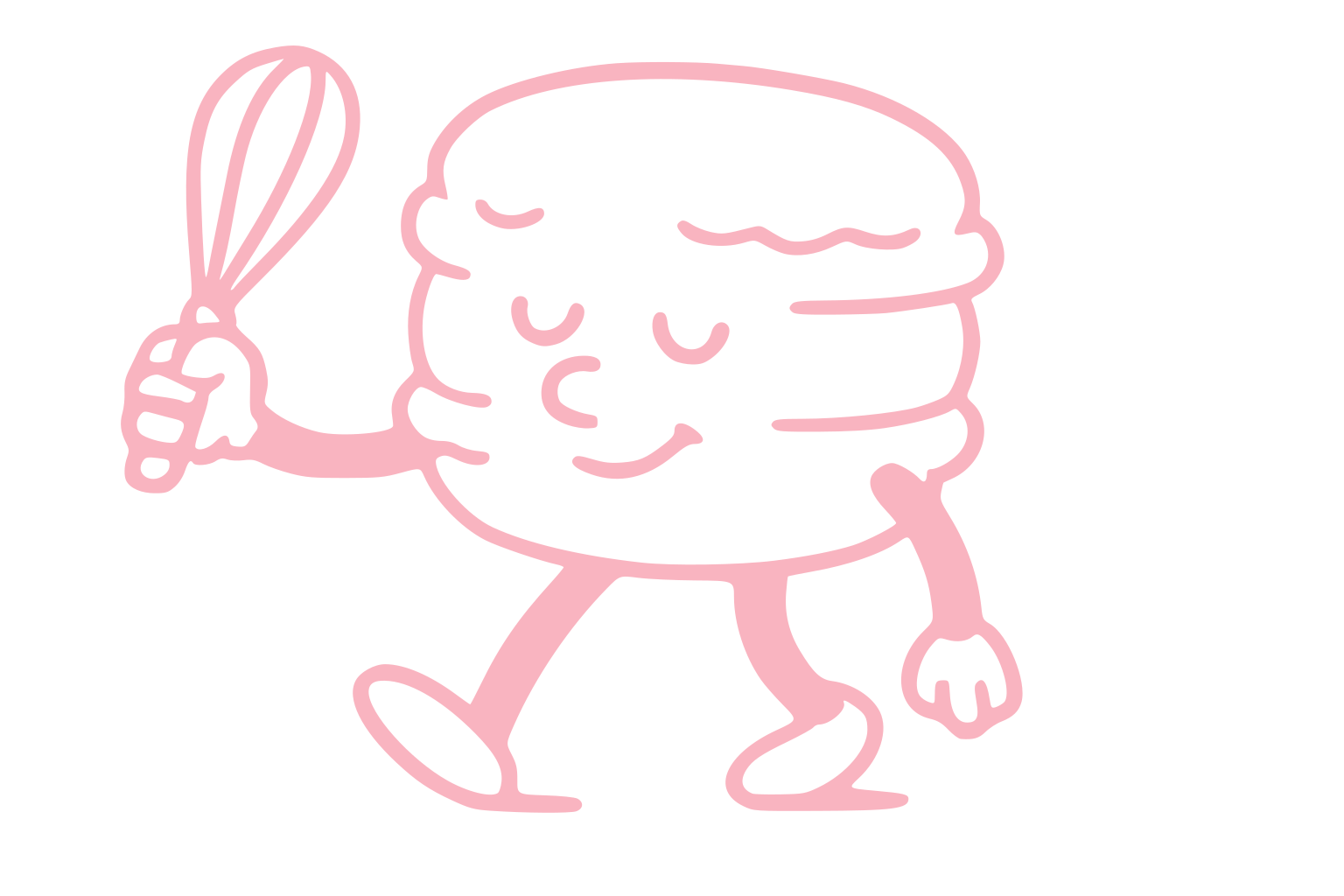 Cute pink line drawing of a walking burger character holding a whisk in one hand and a spatula in the other, with closed eyes and a smiling face.