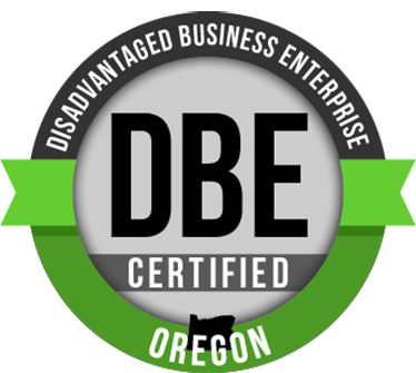 DBE Certified logo with a circular design, indicating disadvantaged business enterprise certification in Oregon.