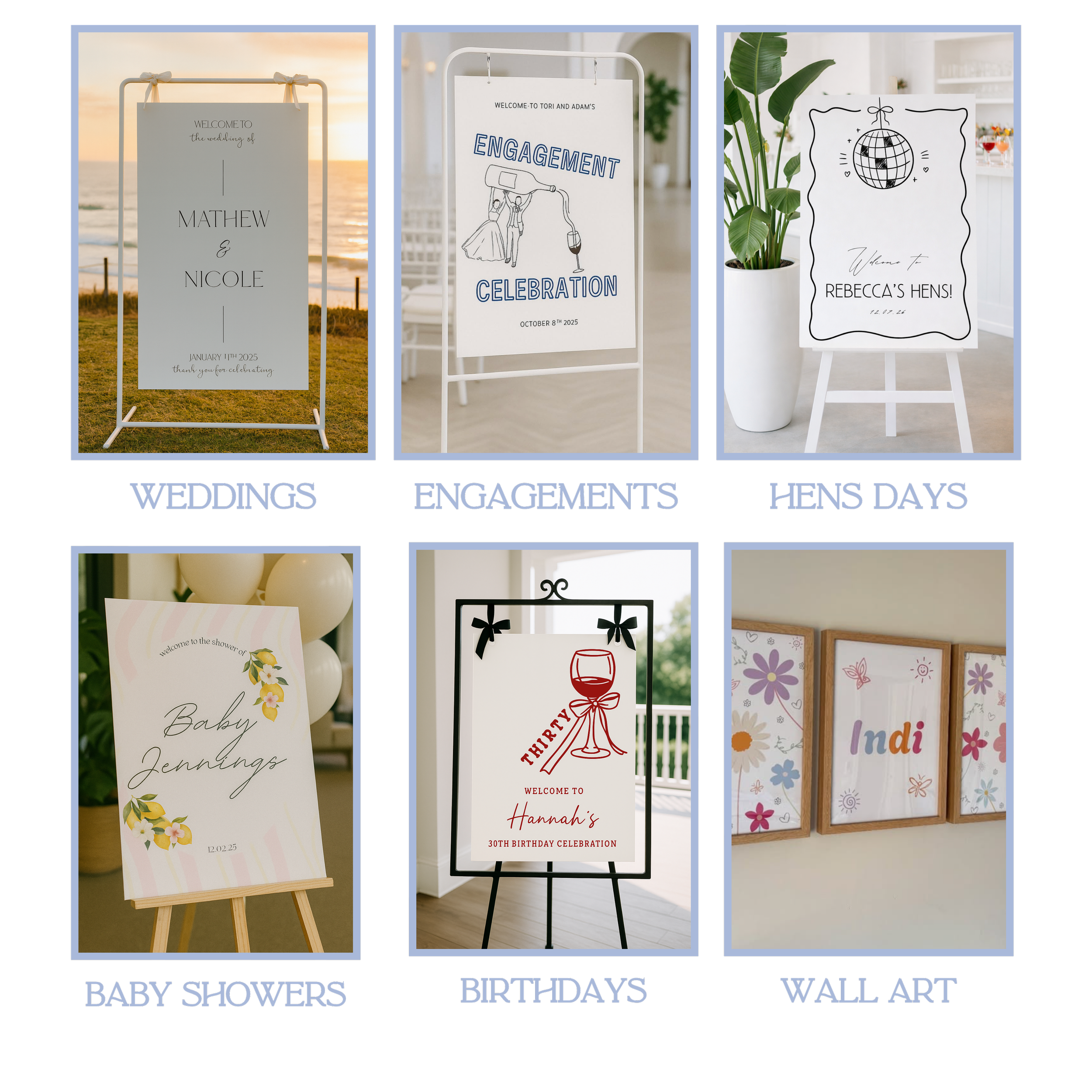 Six different event signs for celebrations and gatherings, including weddings, engagements, hens days, baby showers, birthdays, and wall art, each with unique designs and themes.