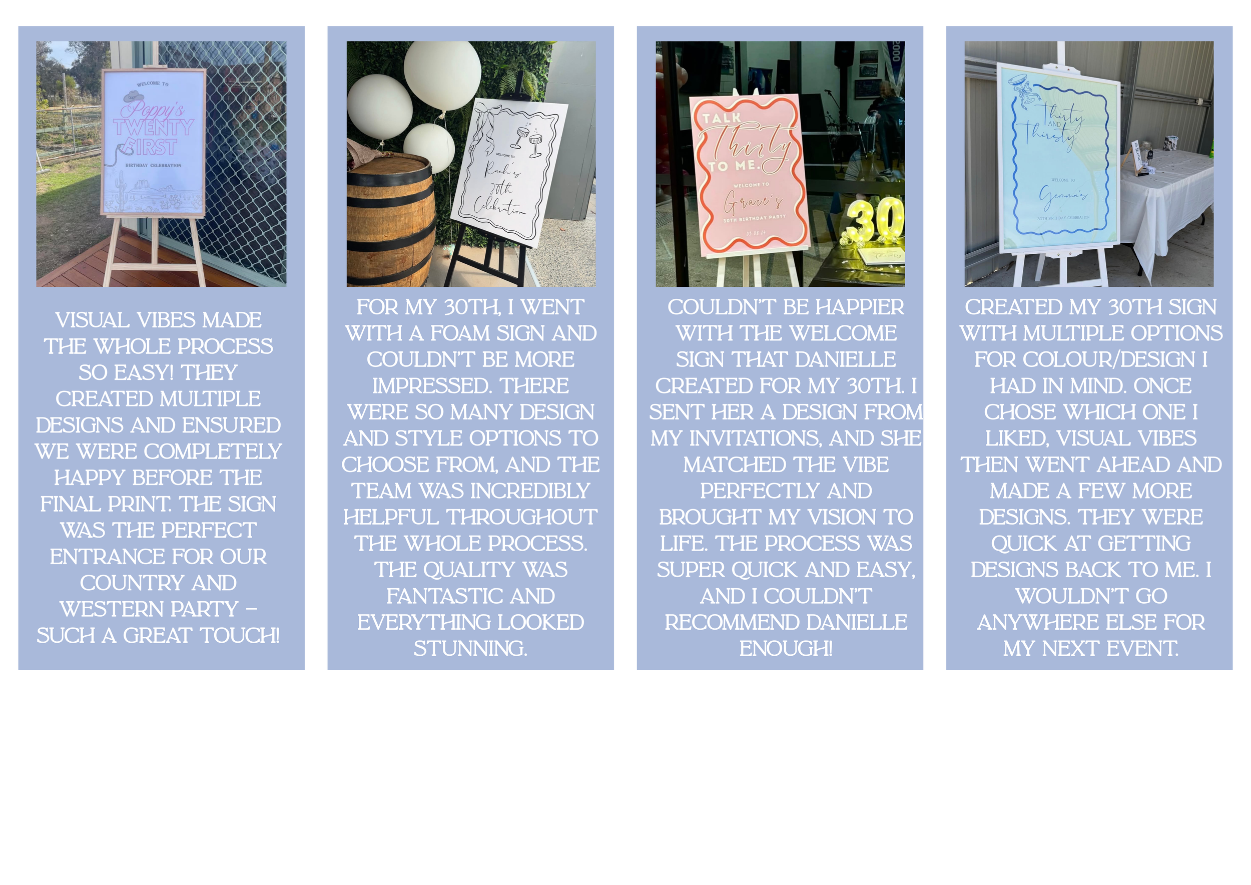 Four signs on display, each with a different design and message, used for events or celebrations.