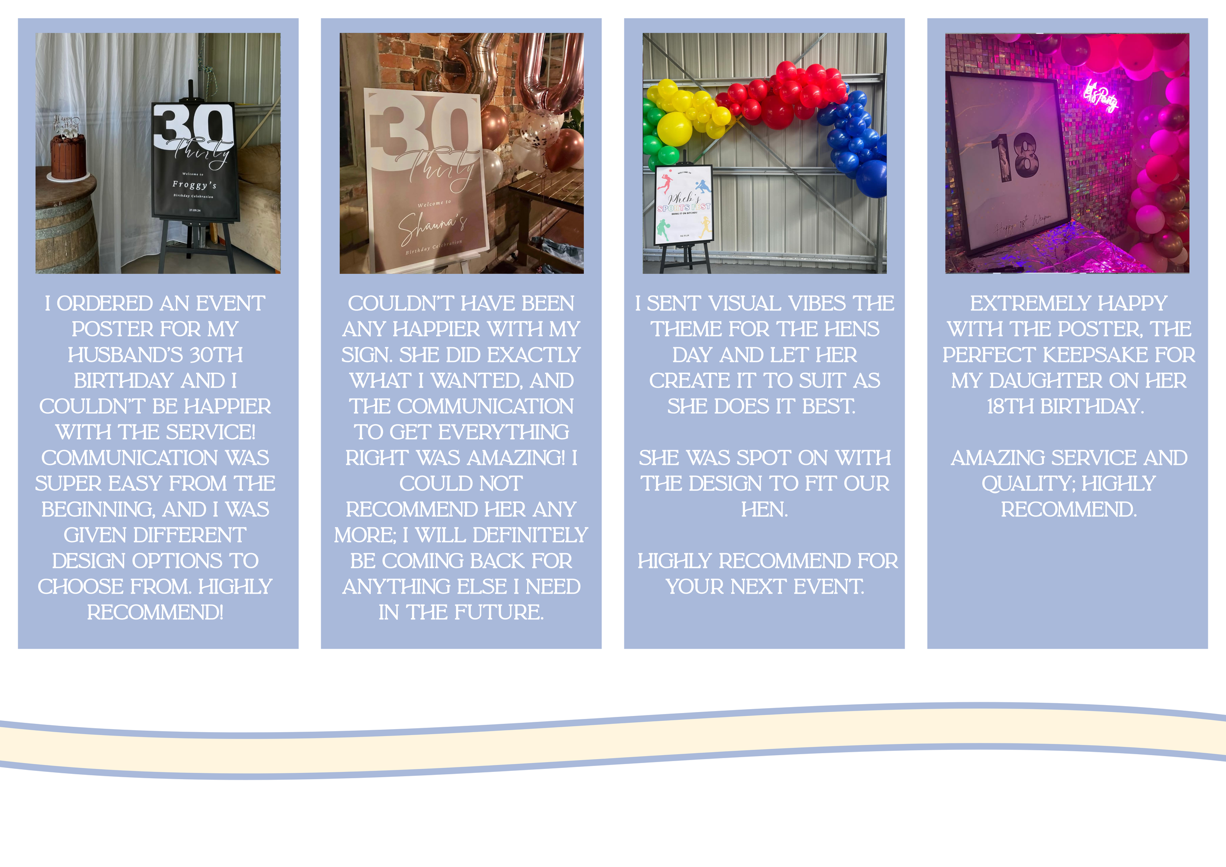 Collection of four tables with event posters and decorations celebrating 30th and 18th birthdays, including balloons, a cake, and decorative backgrounds.