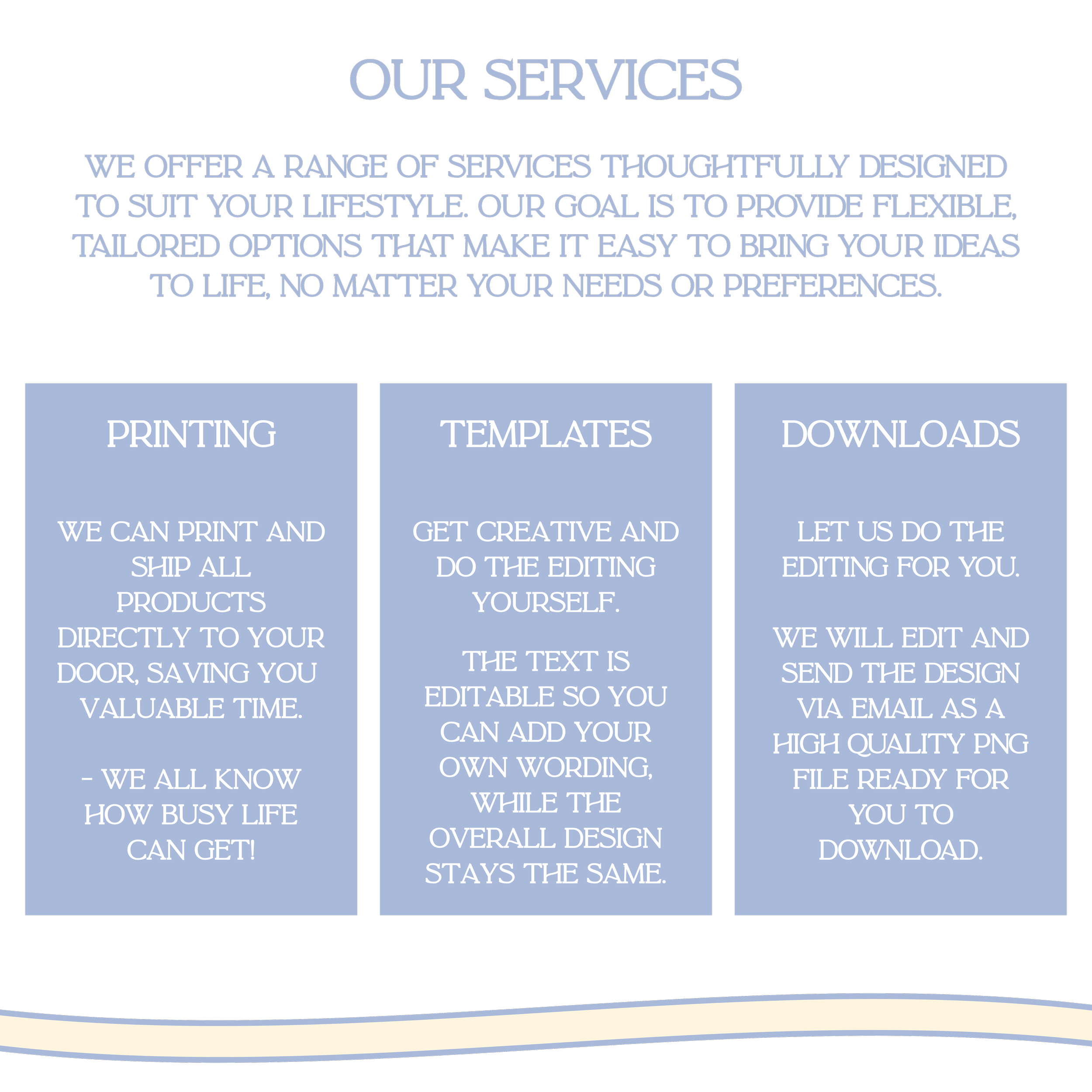 A webpage titled 'Our Services' with a black background and light blue text sections: Printing, Templates, Downloads, describing various services offered by a company.