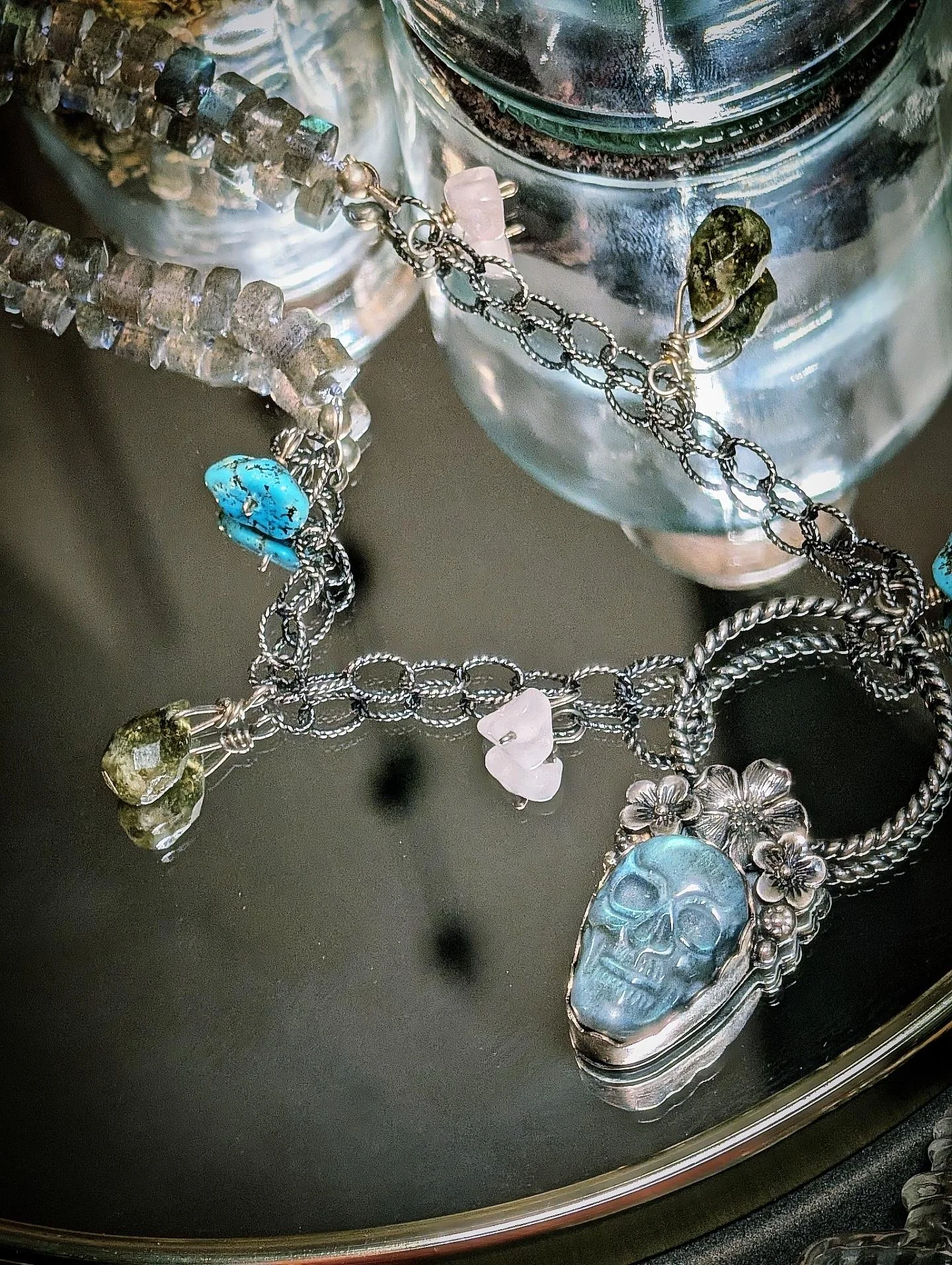 Labradorite Skull Catrina Necklace with Gemstone Accents