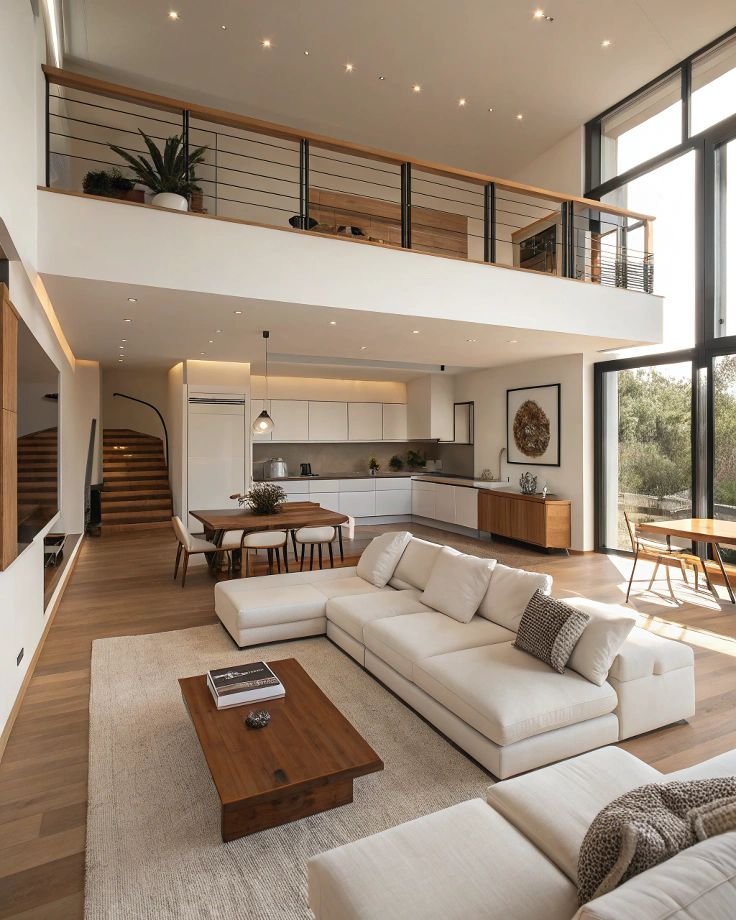 Modern open-concept living room with white sectional sofa, wooden coffee table, and large floor-to-ceiling windows in a two-story home