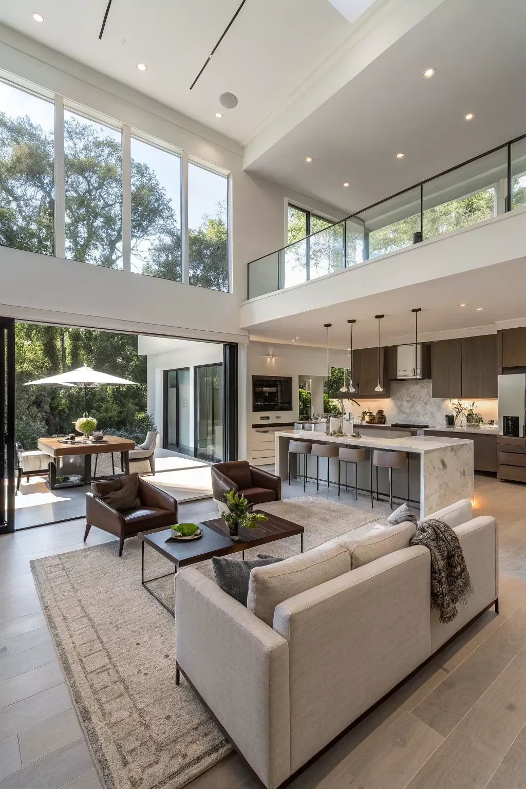 A modern, open-concept living room with large floor-to-ceiling windows, a kitchen with an island, and a dining area outside with an umbrella and outdoor furniture.