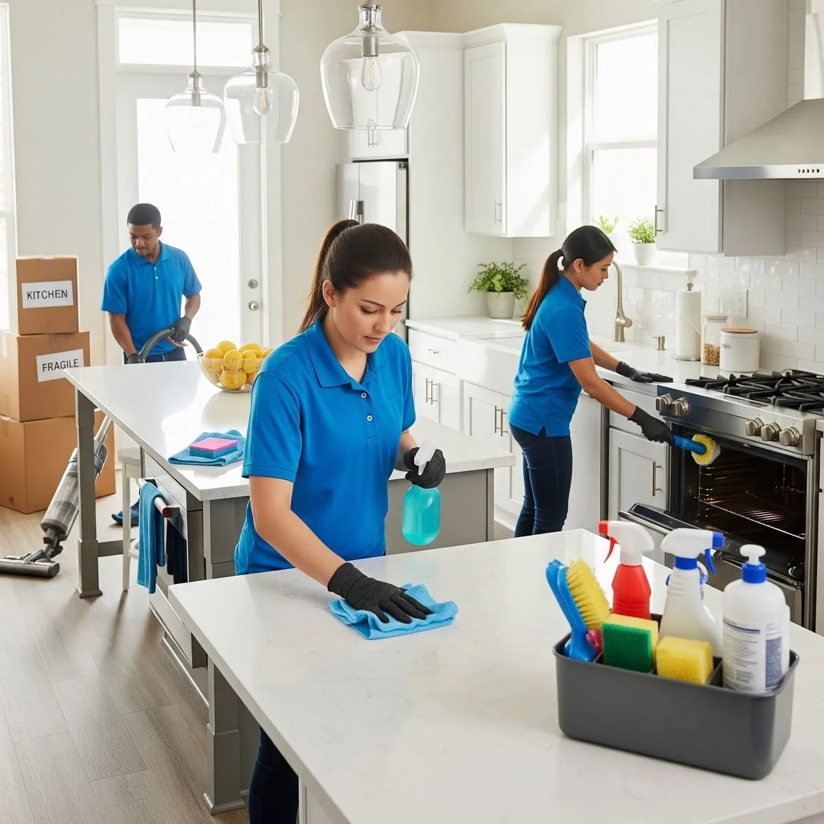Three people cleaning a bright, modern kitchen with white cabinets, a large window, and a stainless steel stove. They wear blue uniforms and black gloves, with cleaning supplies like spray bottles, sponges, and brushes visible. Cardboard boxes labeled "Kitchen" and "Fragile" are on the floor.