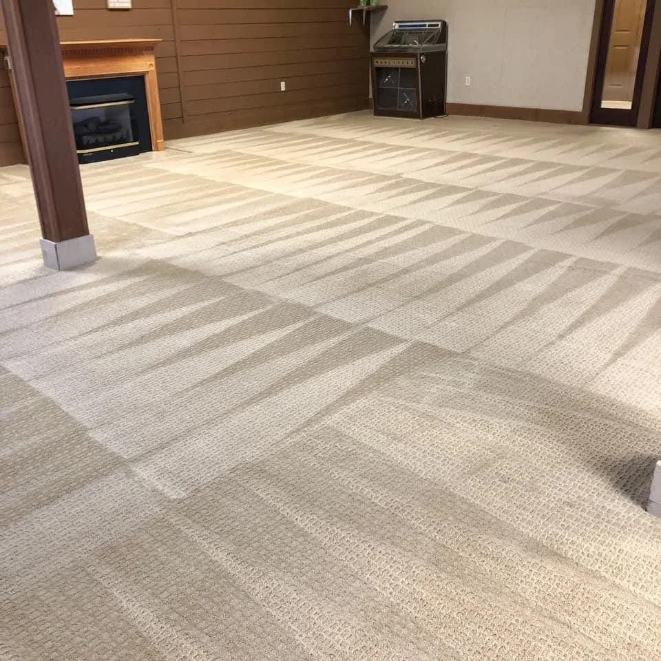 Empty room with beige patterned carpet, wooden walls, fireplace, and a guitar amplifier in the corner.