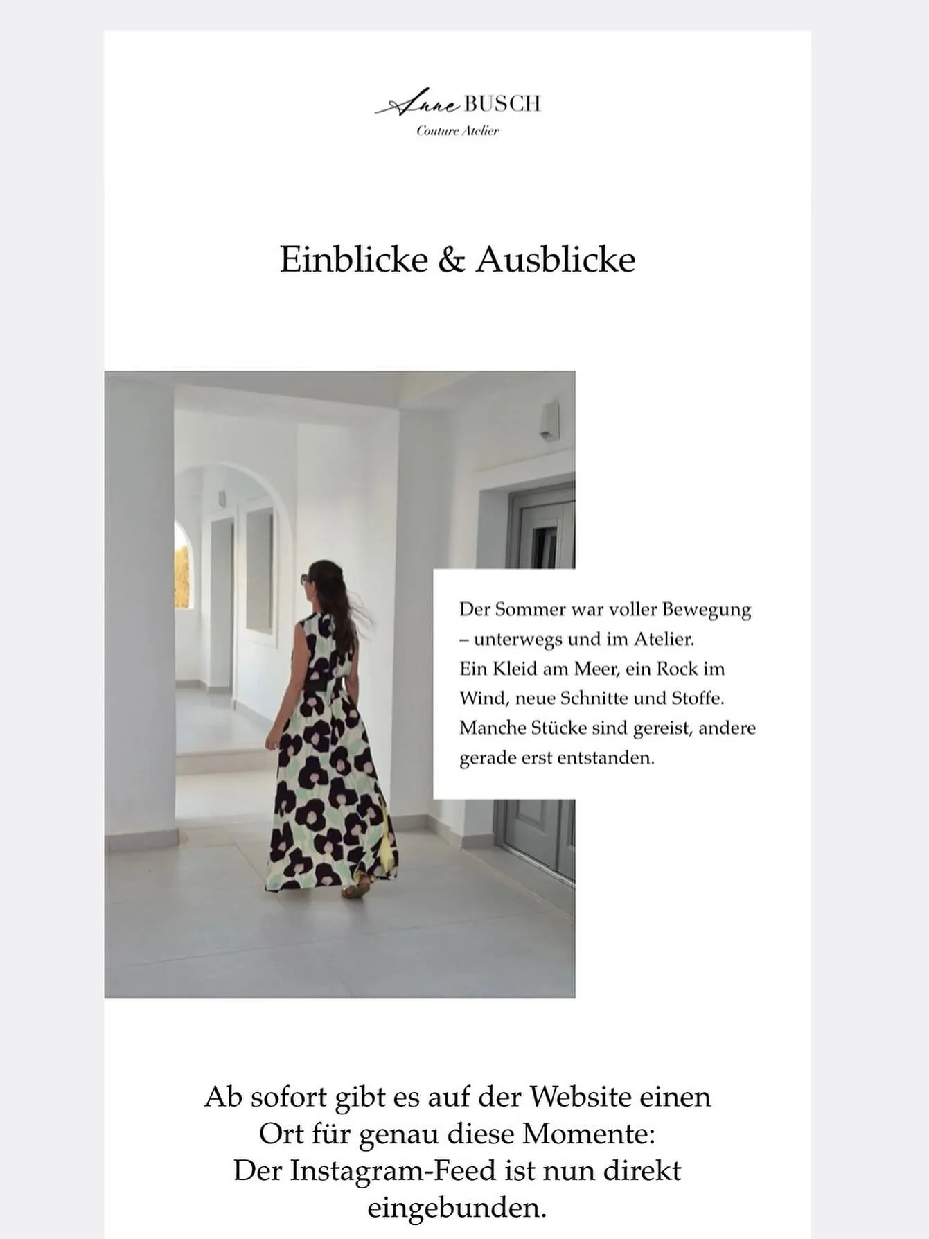 Summer moments, autumn fabrics, fresh thoughts. 🪡🧵☀️🍂
My first newsletter just went out this weekend. 😍🥰❤️

Want to receive the next one?
👗 Sign up via https://www.annebusch.com/kontakt

#annebusch #coutureatelier #newsletter #fromatelierwithlo