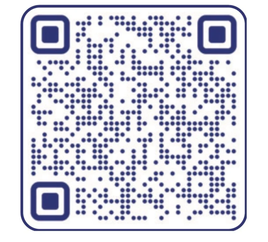 A QR code in blue and white for donation link.