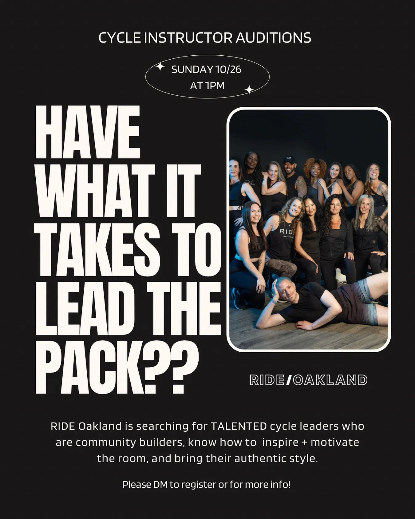 Got what it takes to lead the pack?🔥🚲
Bring your energy and style to auditions Sunday 10/26 at 1PM. DM to lock in your spot. 🔒 

#RideOakland #RIDE #CycleInstructorAuditions #auditions
