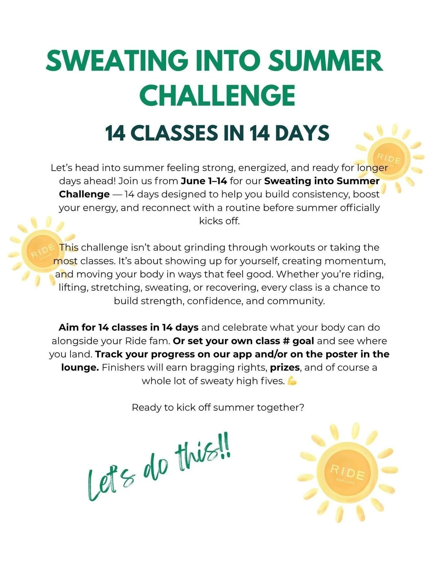Sweating into summer starts tomorrow 💦 From June 1st&ndash;14th, we&rsquo;re challenging our community to show up for themselves with 14 classes in 14 days at RIDE. But this isn&rsquo;t about perfection, it&rsquo;s about building momentum and reconn