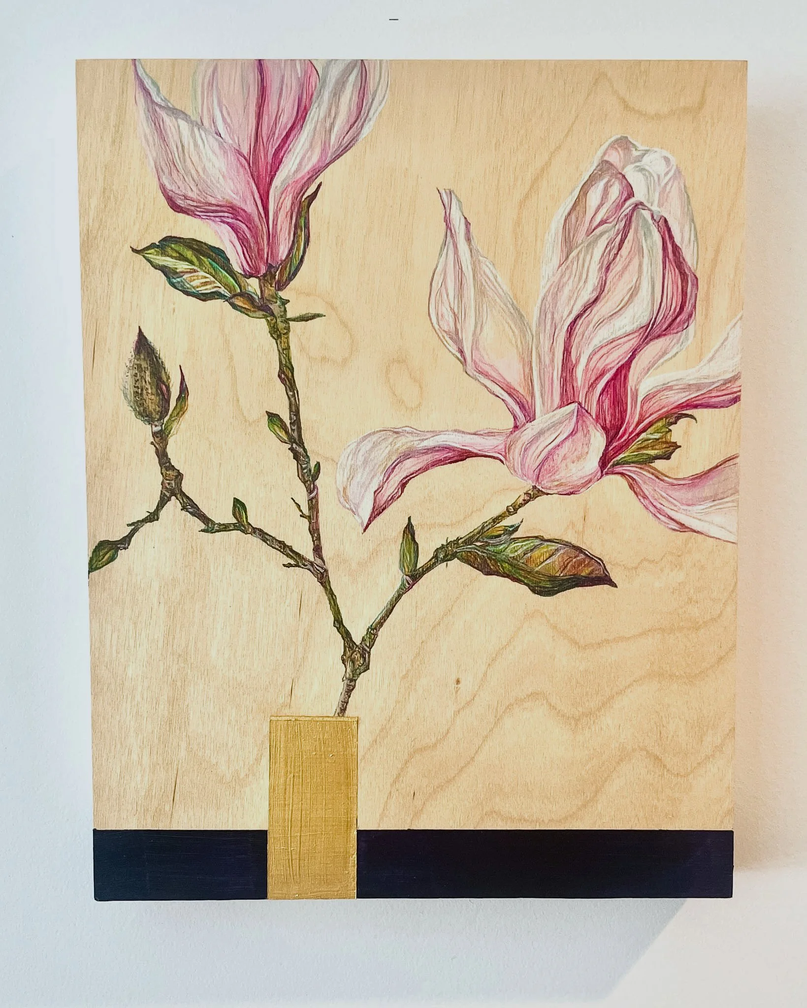  Golden Magnolia , 2024 Pencil and acrylic on wood panel 14"x11"x1.5" $425